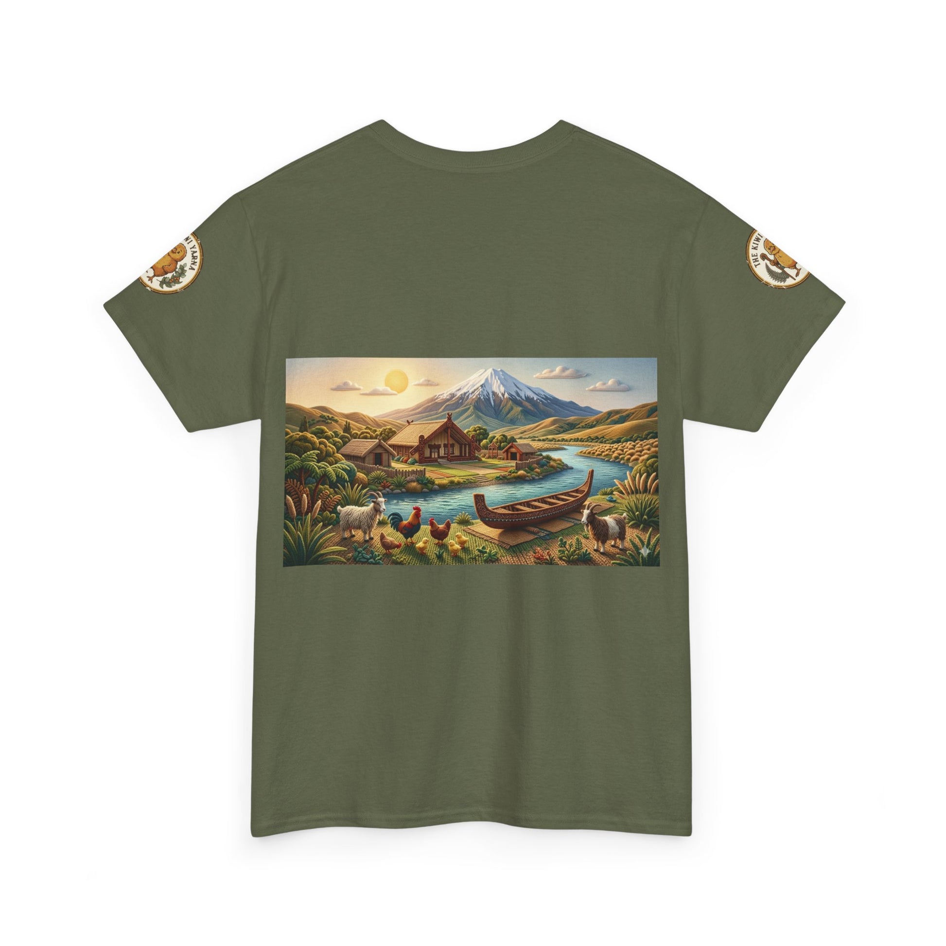Olive green crewneck graphic T-shirt with rectangular landscape print and sleeve patches