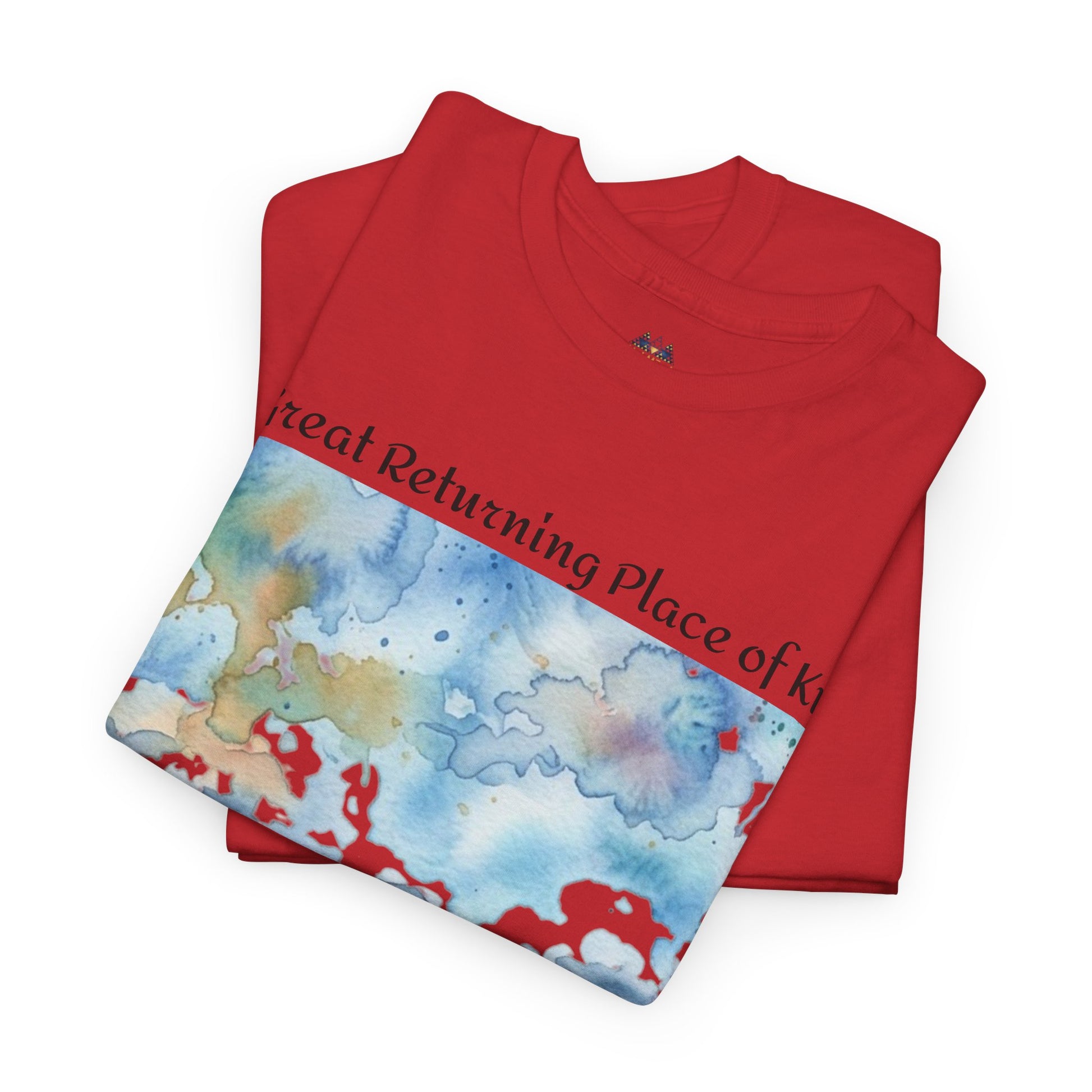 Red crewneck T-shirt with watercolor world map and coastline graphic