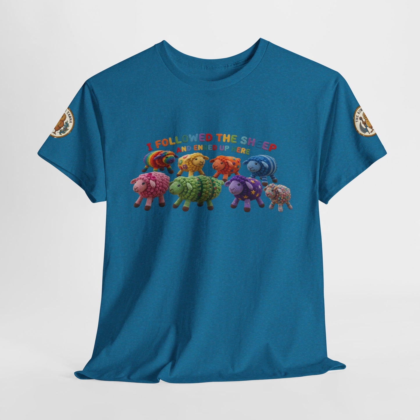 Teal crew-neck T-shirt with colorful sheep lineup and red slogan text