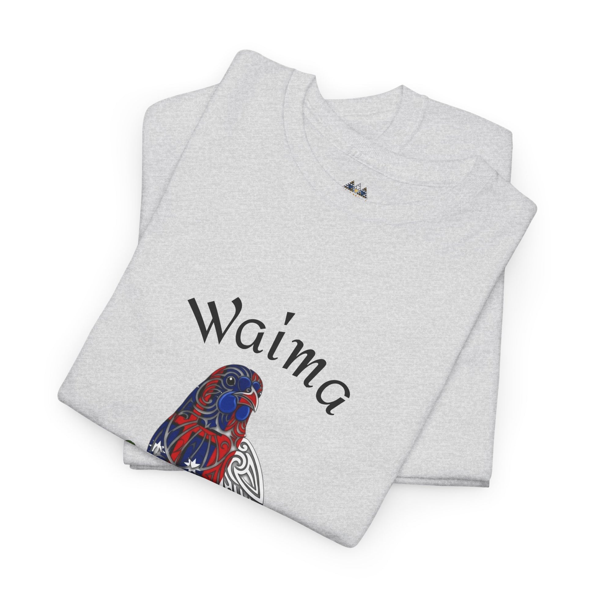 Heather gray T-shirt with Waima bird graphic on front