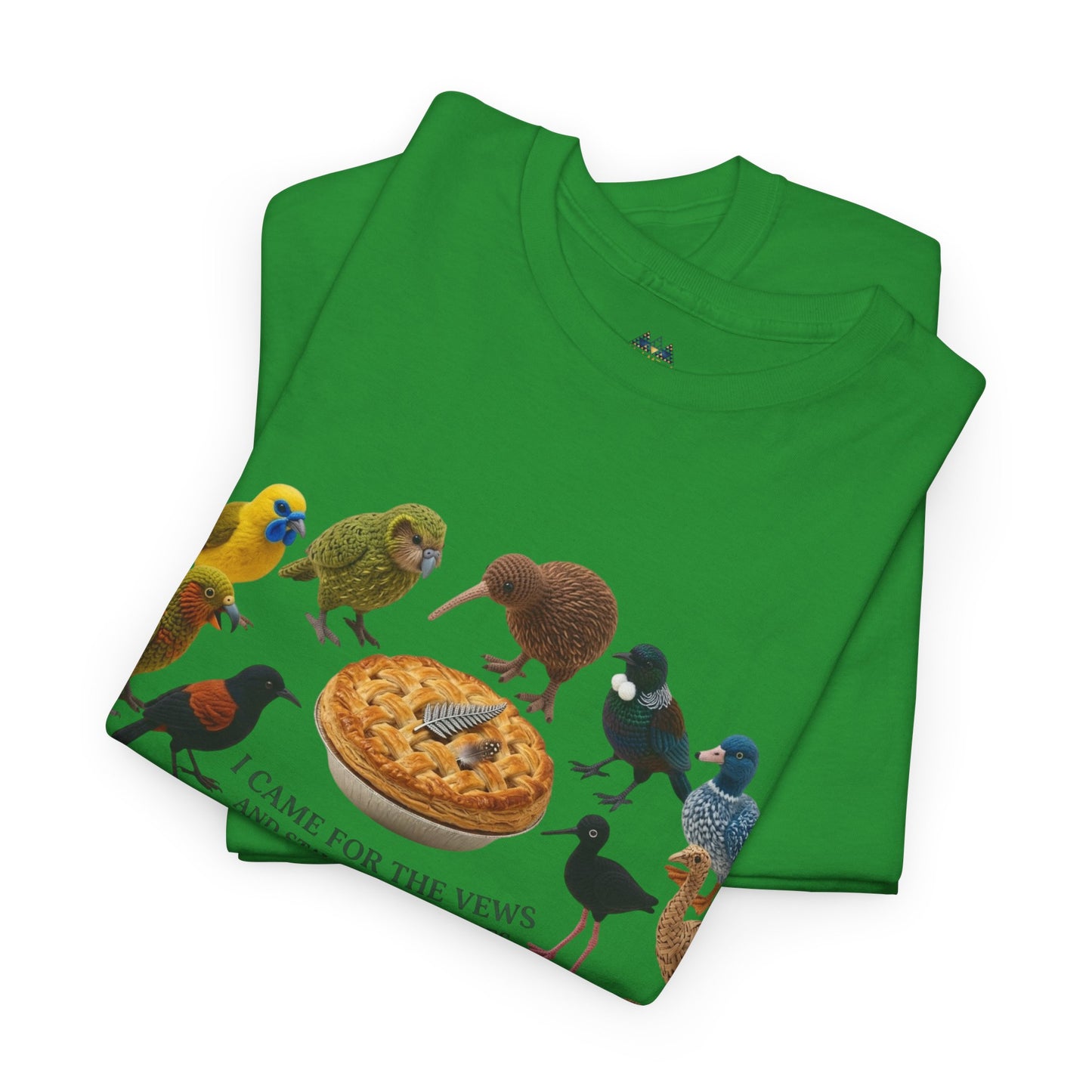 Green graphic T-shirt with bird-and-pizza print across front