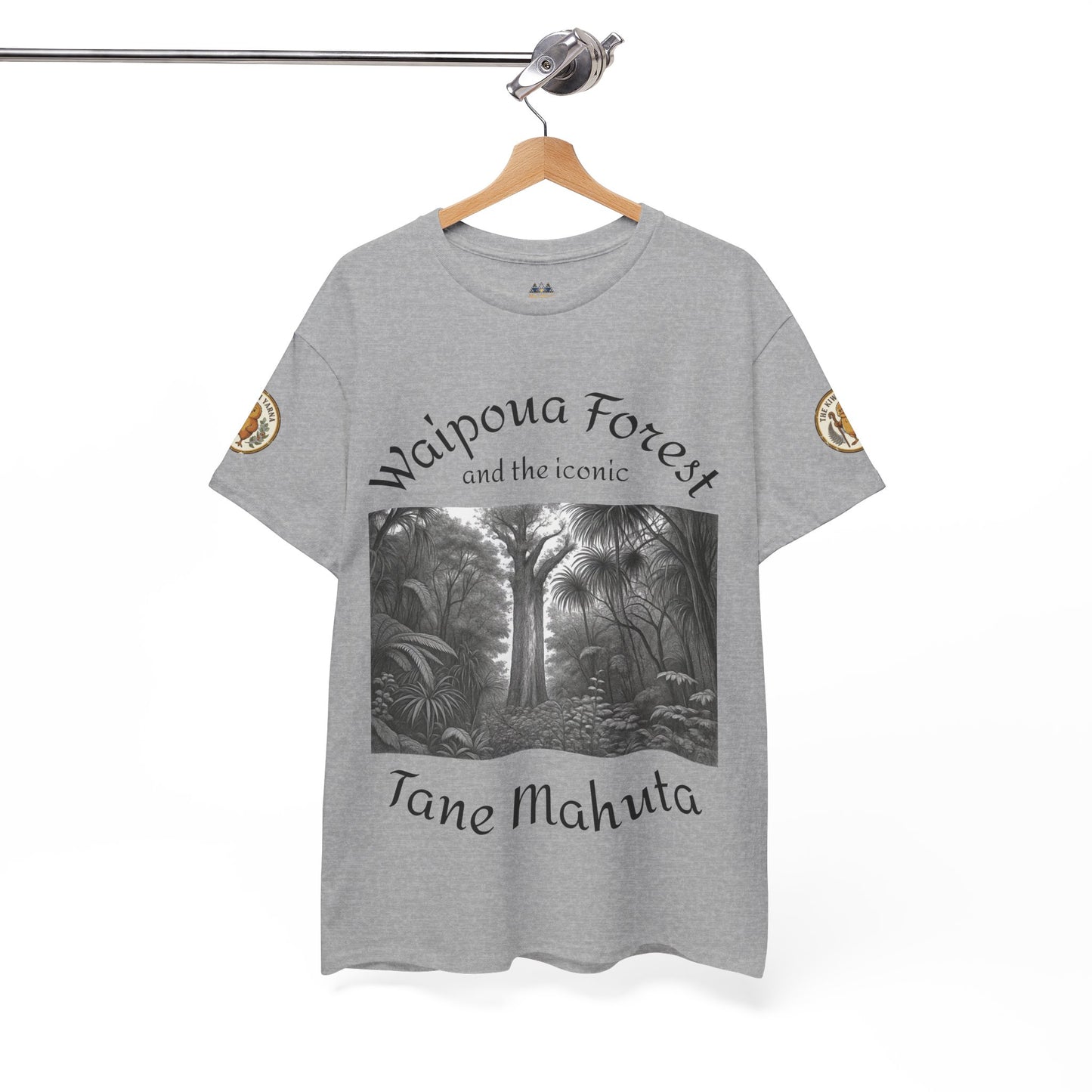 Heather gray graphic t-shirt on hanger with forest scene and 'Tane Mahuta' text