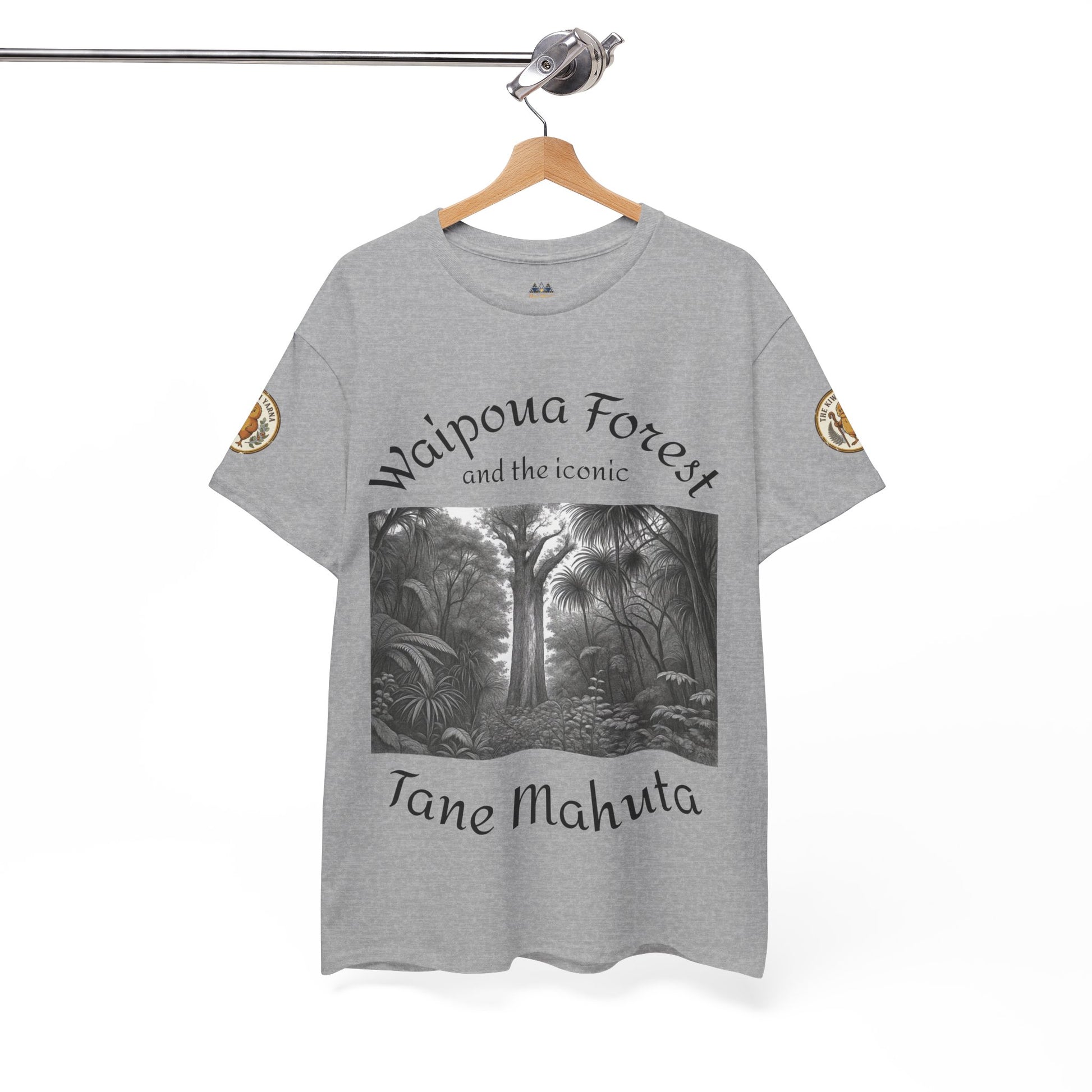 Heather gray graphic t-shirt on hanger with forest scene and 'Tane Mahuta' text