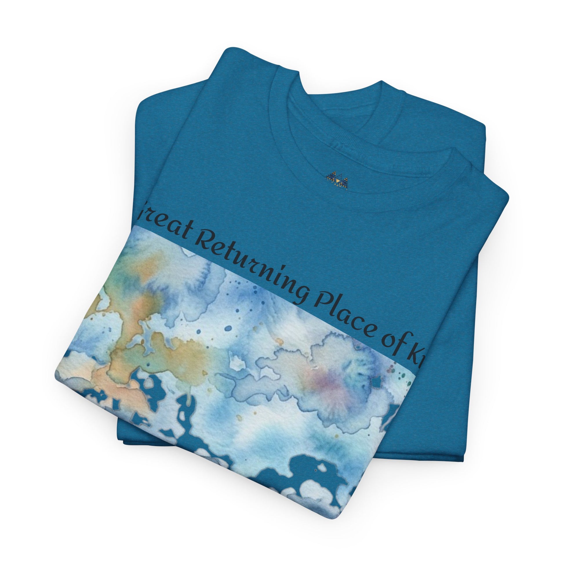 Teal unisex graphic T-shirt folded, showing landscape print and crew neck