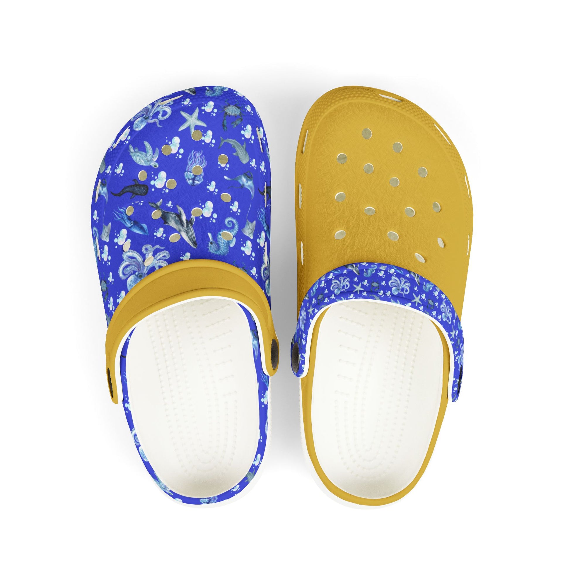 Kids' slip-on clog shoes with blue sea-print tops and gold straps, white outsole.