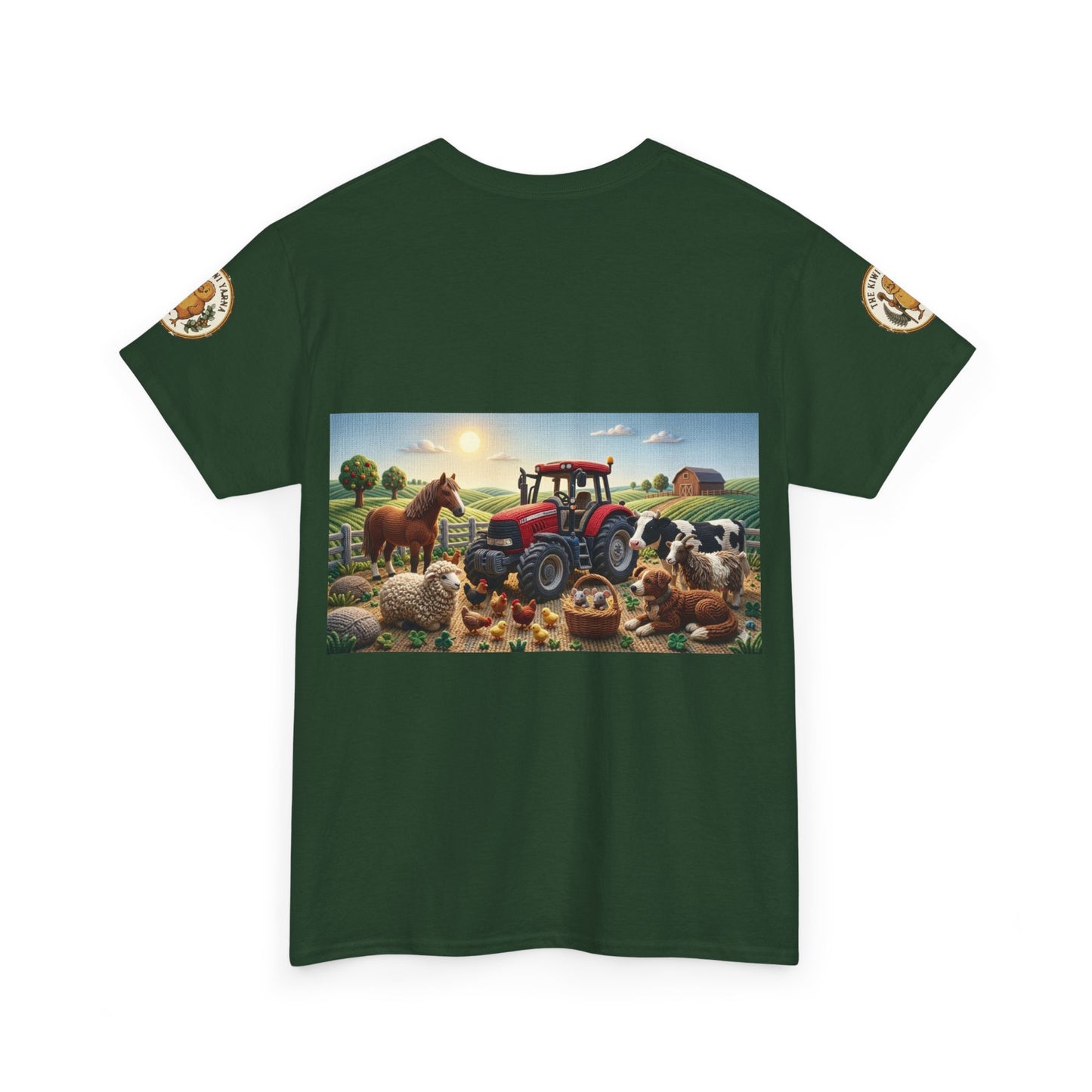 Dark green crewneck T-shirt with farm tractor and animals graphic; sleeve logo patches