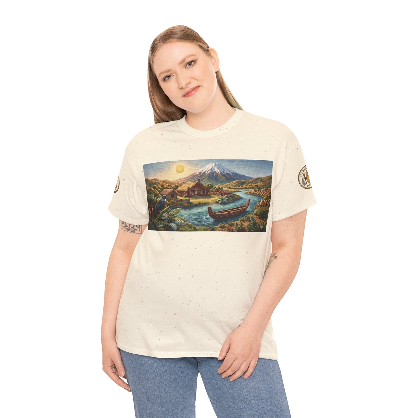 Unisex cream graphic T-shirt with landscape print across the chest.