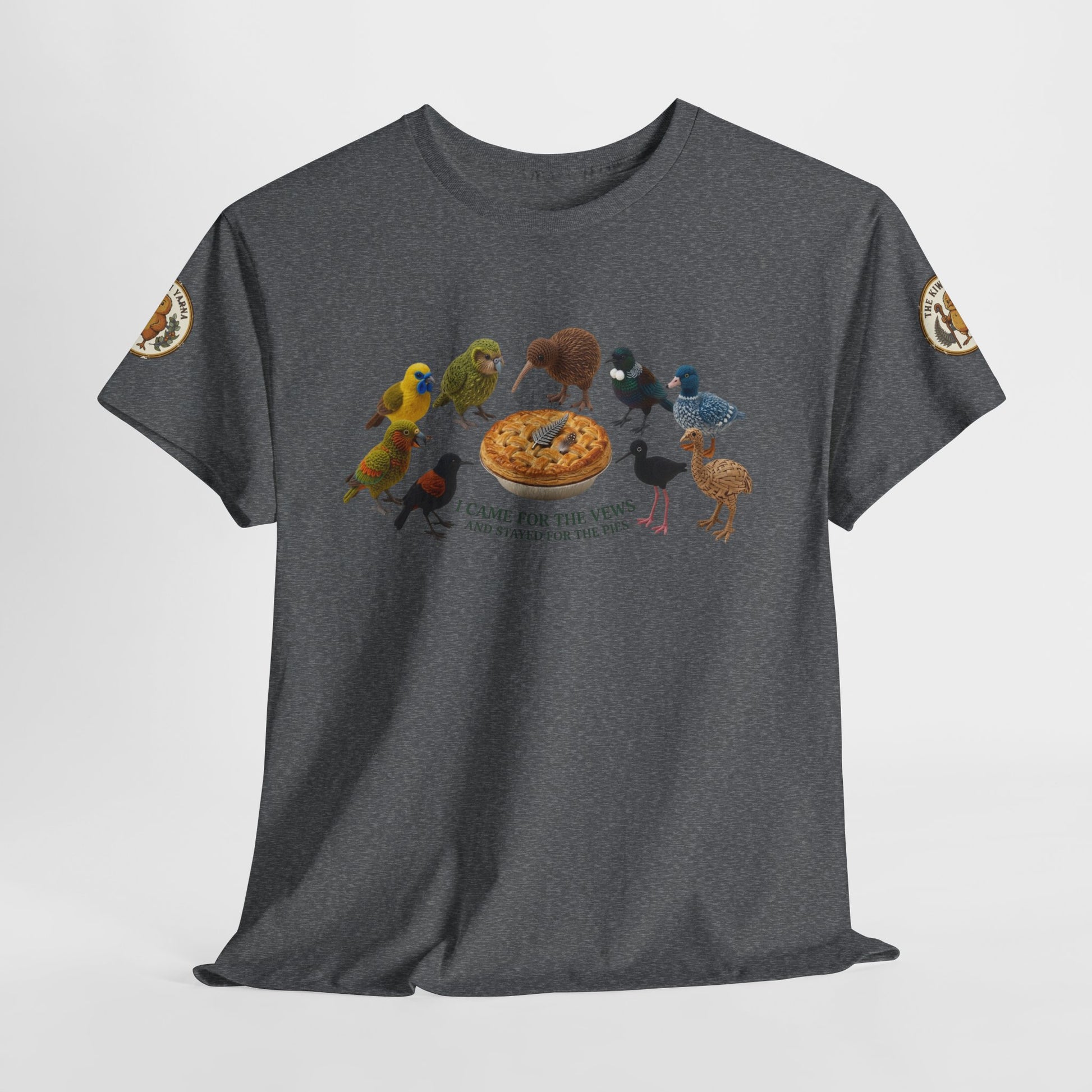 Heather gray crewneck T-shirt with pizza center and colorful birds graphic