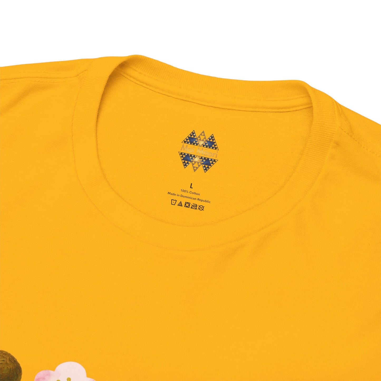 Mustard yellow T-shirt with crew neck and small chest emblem logo.
