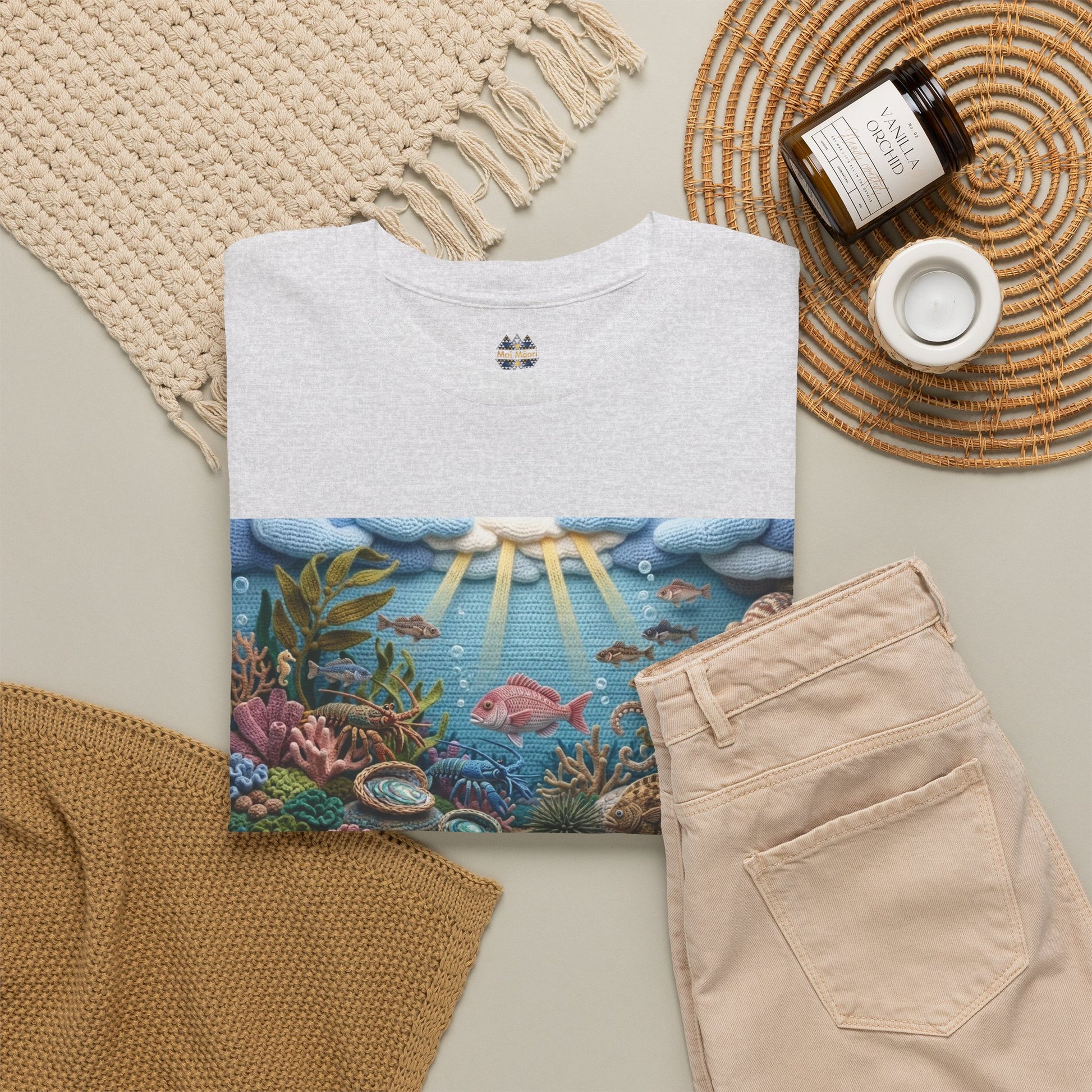 White T-shirt with rectangular underwater ocean scene graphic
