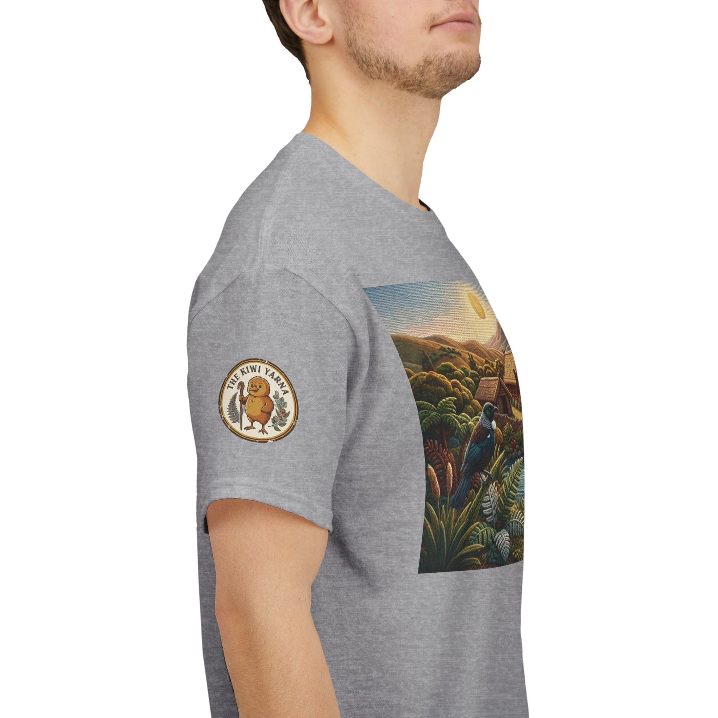 Gray heather T-shirt with sleeve emblem and partial landscape boat print