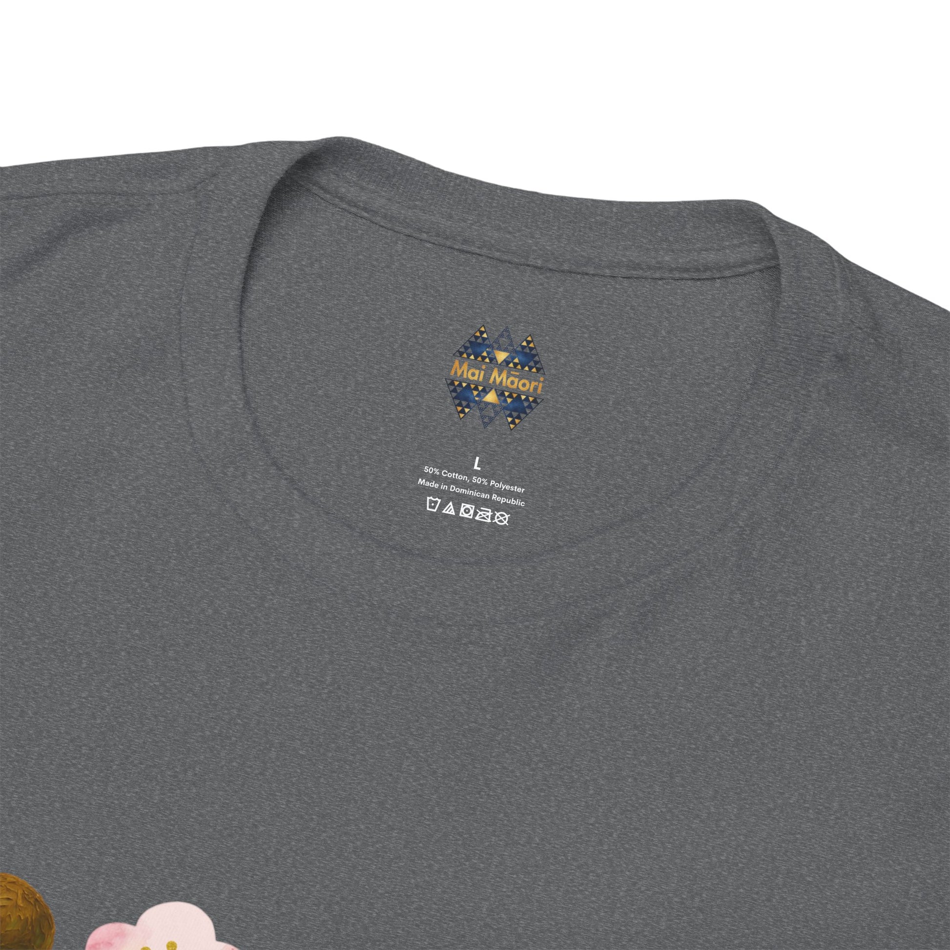 Heather gray T-shirt back with small multicolor logo at the neckline