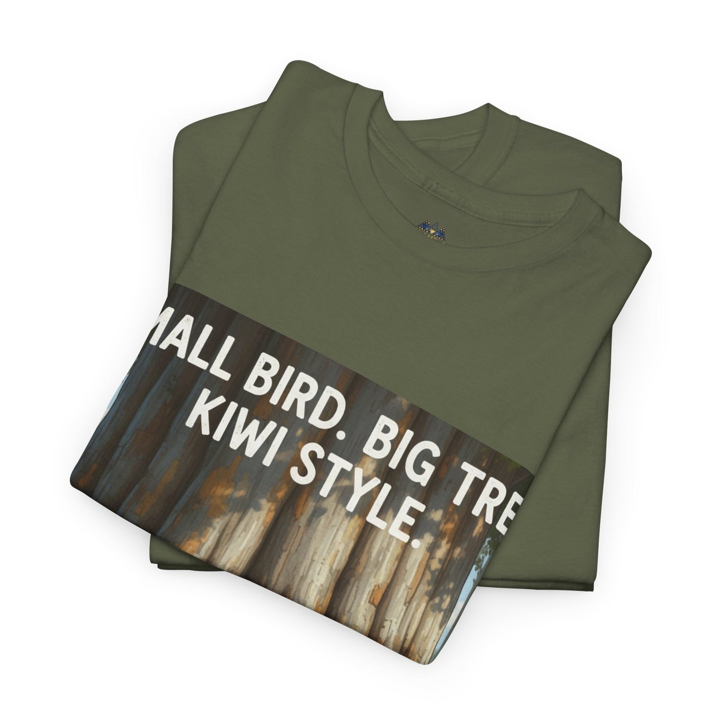 Forest green graphic T-shirt folded, showing “Small Bird Big Tree” text