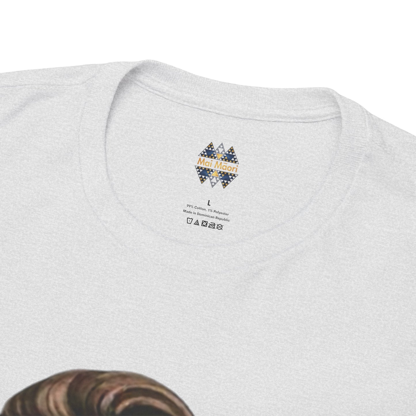 Korowai graphic t-shirt, heather gray; close-up of back neck label