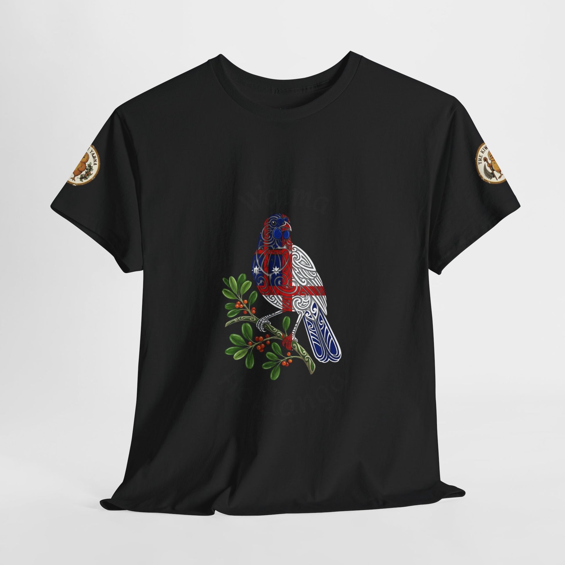 Black graphic T-shirt with centered blue bird and green foliage design