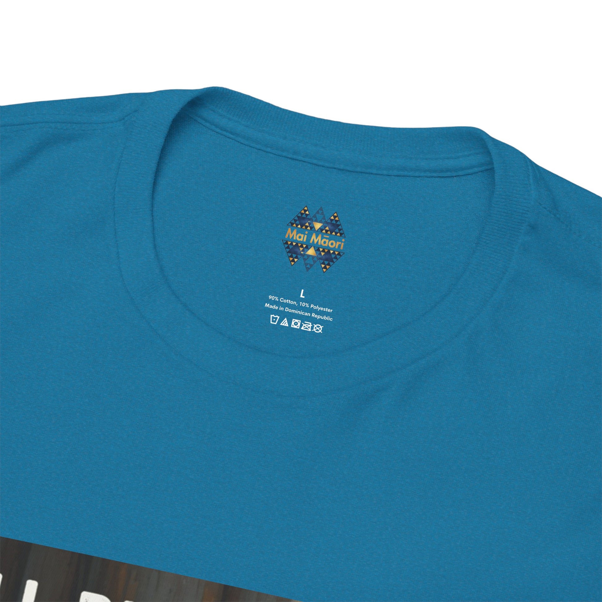 Teal T-shirt neckline with small multicolor logo patch