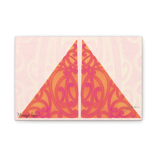 Rectangular Maunga Tapu canvas print with orange-red triangular pattern on pale pink