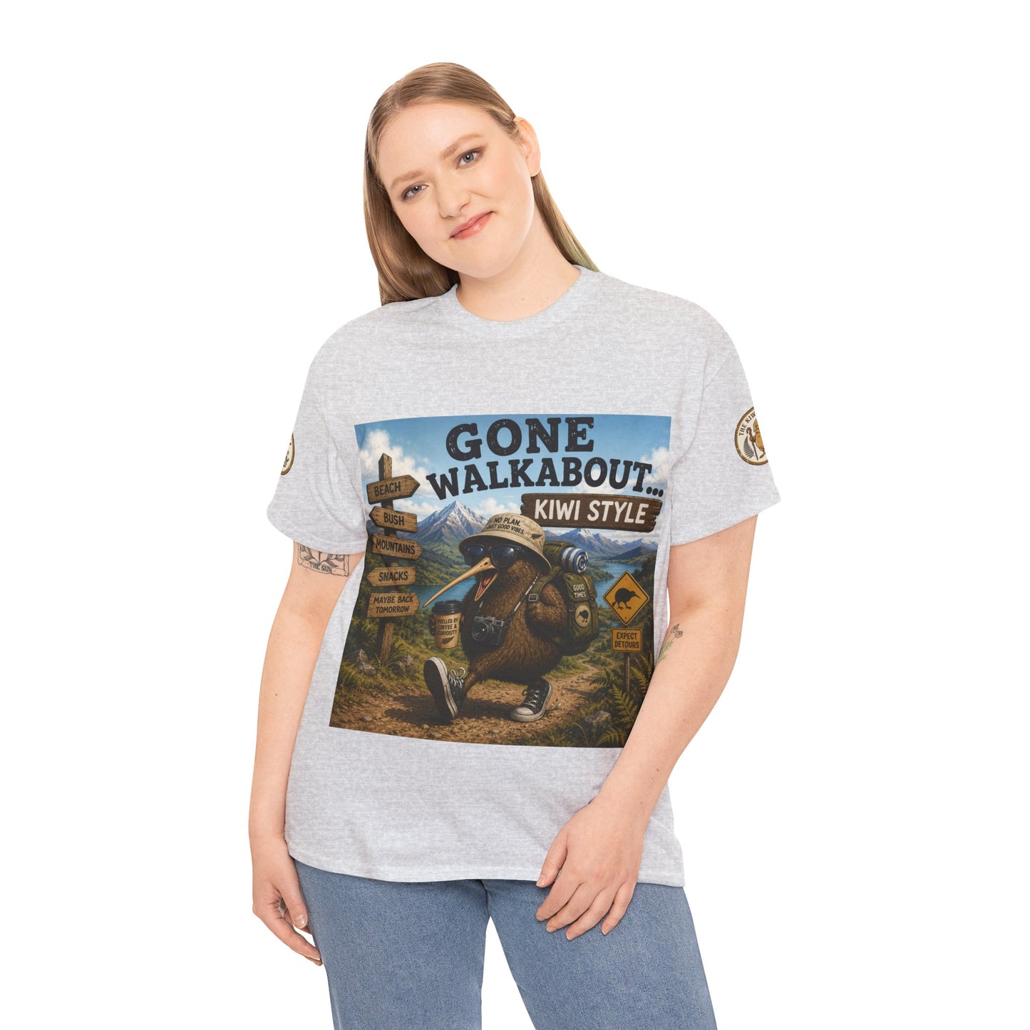Heather grey T-shirt on model with front kiwi artwork and small sleeve patch