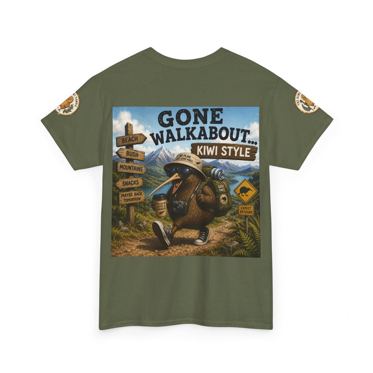 Olive-green graphic T-shirt with 'Gone Walkabout Kiwi Style' front artwork