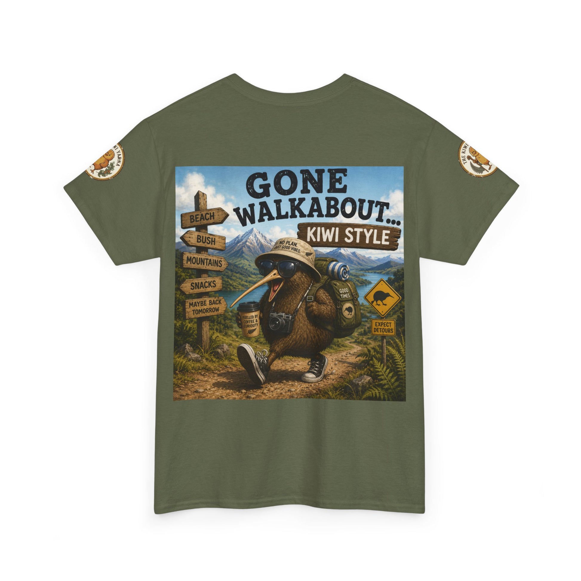 Olive-green graphic T-shirt with 'Gone Walkabout Kiwi Style' front artwork
