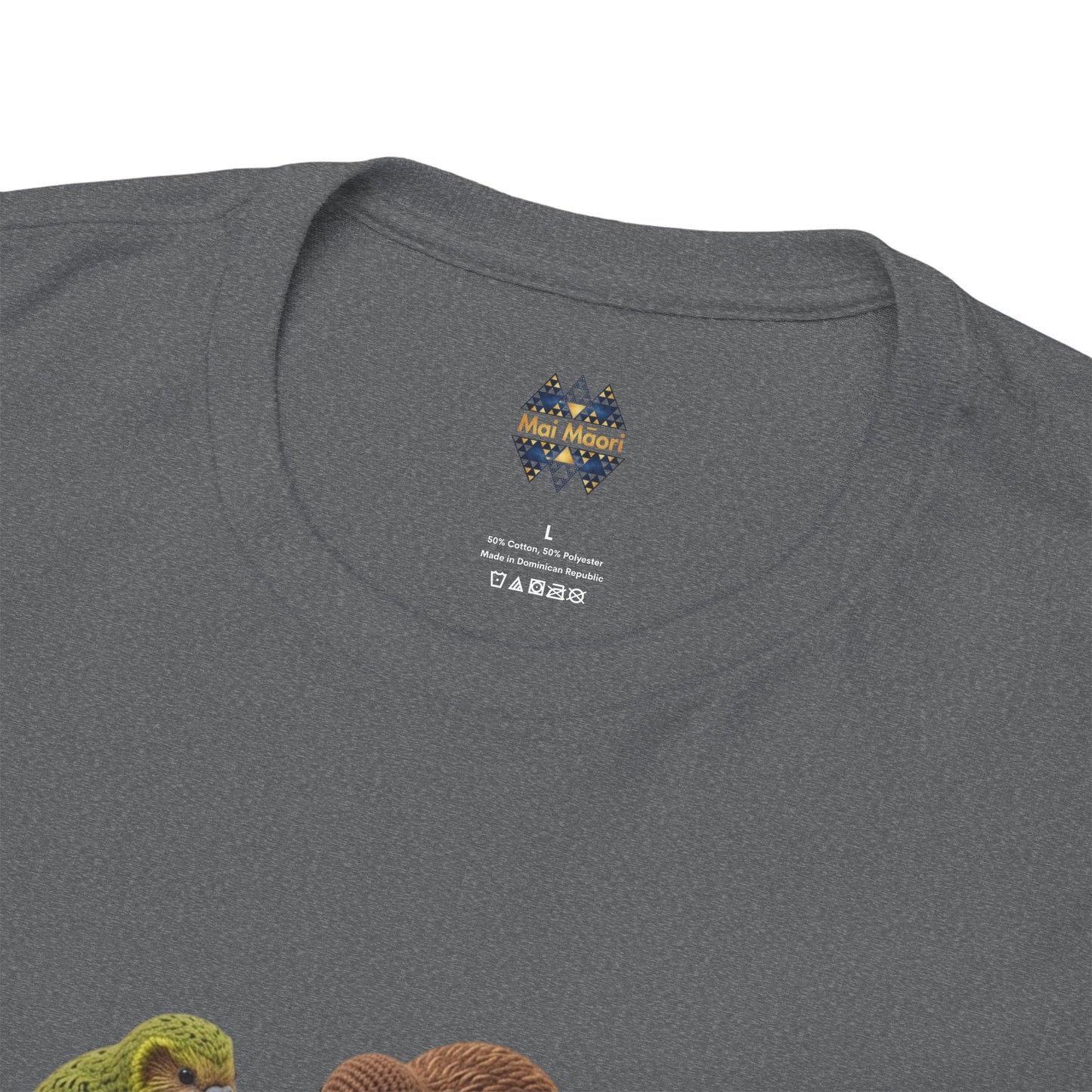 Heather gray T-shirt close-up of back neckline logo