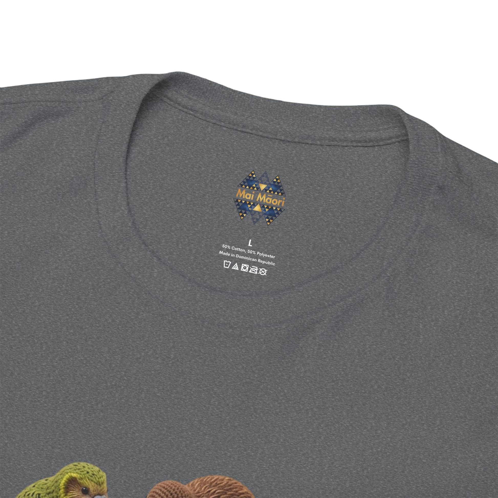 Heather gray T-shirt close-up of back neckline logo