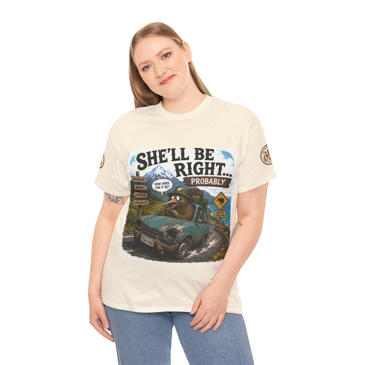 Light beige crewneck T-shirt on model, front truck and outdoor scene graphic