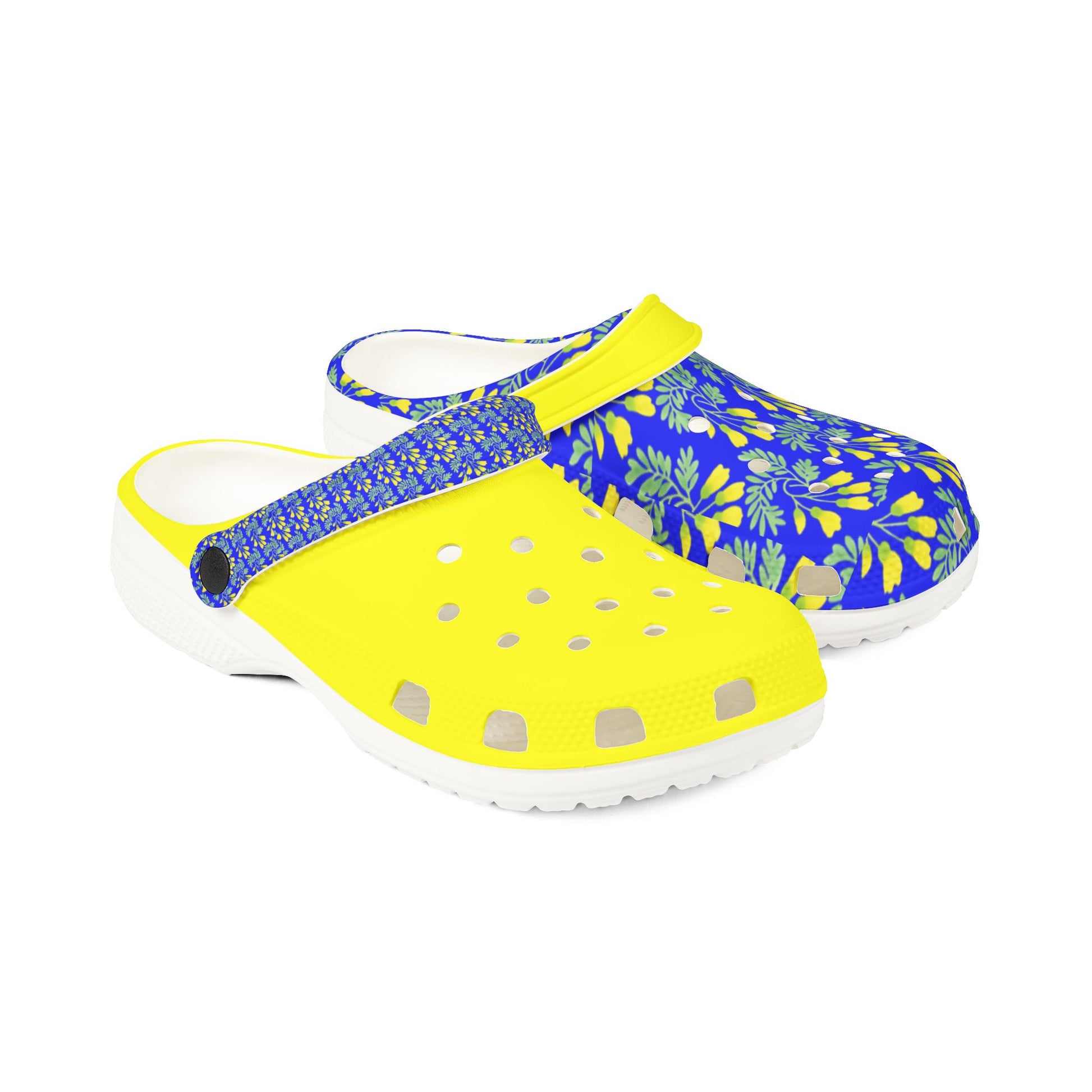 Kōwhai slip-on clogs with yellow top, blue leaf print straps, white sole