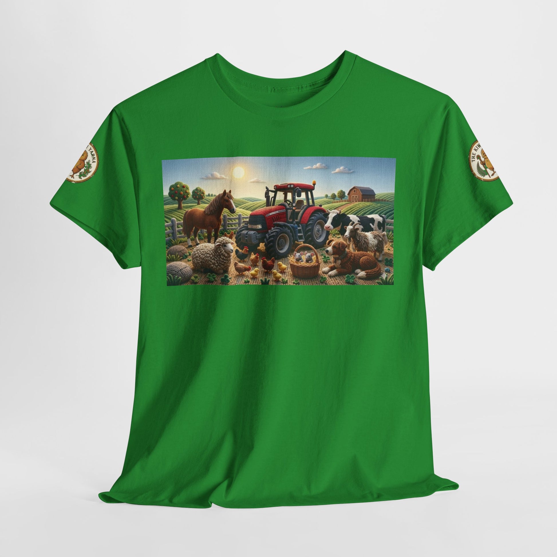 Green T-shirt with tractor-and-animals front panel and circular sleeve logos