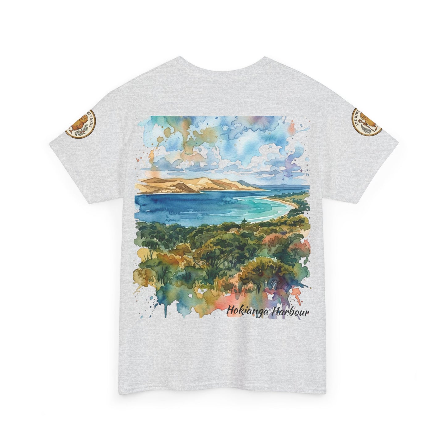 Ash gray crew-neck T-shirt with watercolor harbor landscape print and sleeve patches