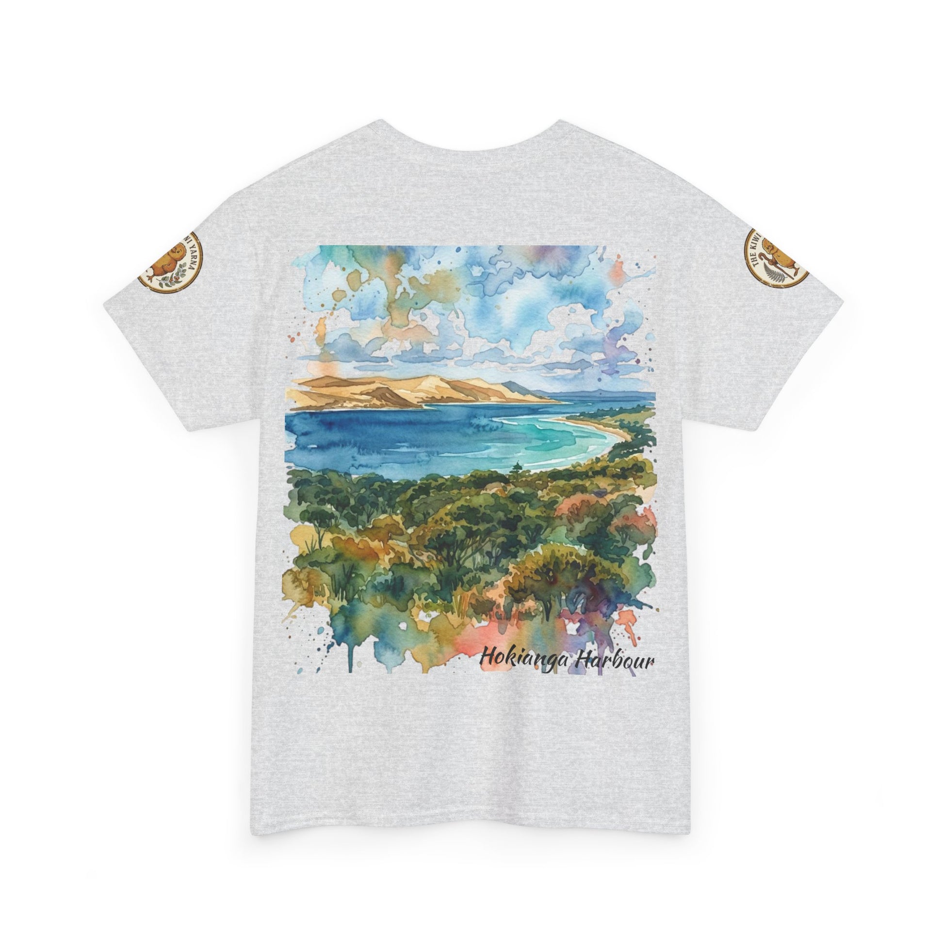 Ash gray crew-neck T-shirt with watercolor harbor landscape print and sleeve patches