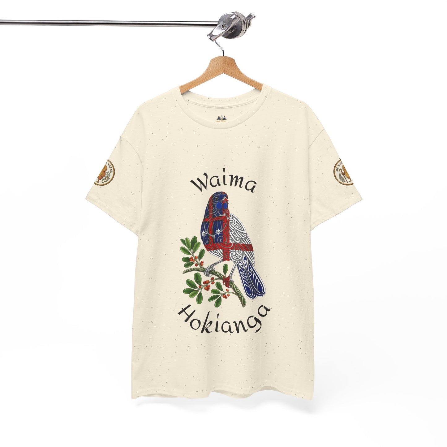 Natural T-shirt with Waima Hokianga bird graphic and sleeve emblems