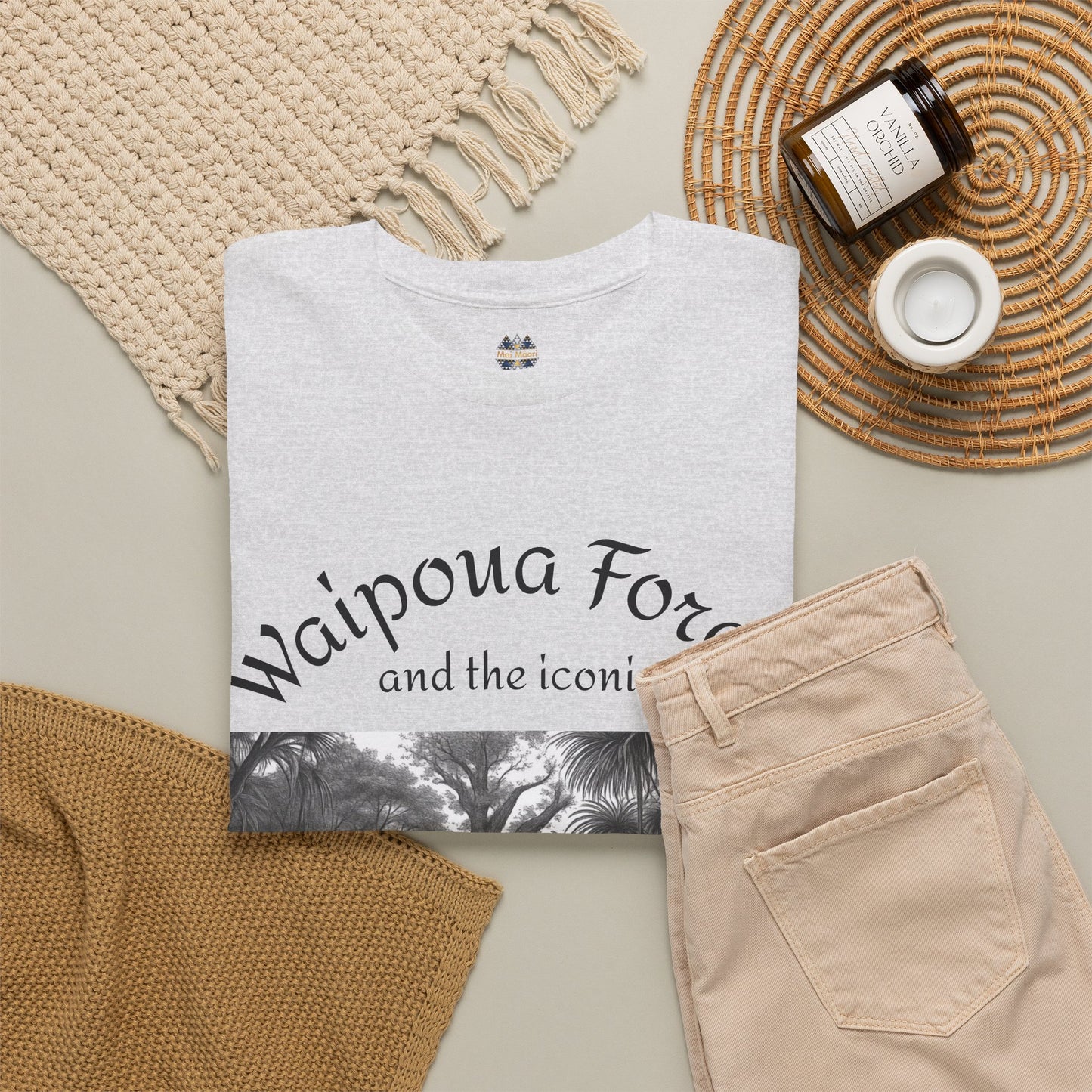 White crew-neck T-shirt with small chest logo and partial forest graphic