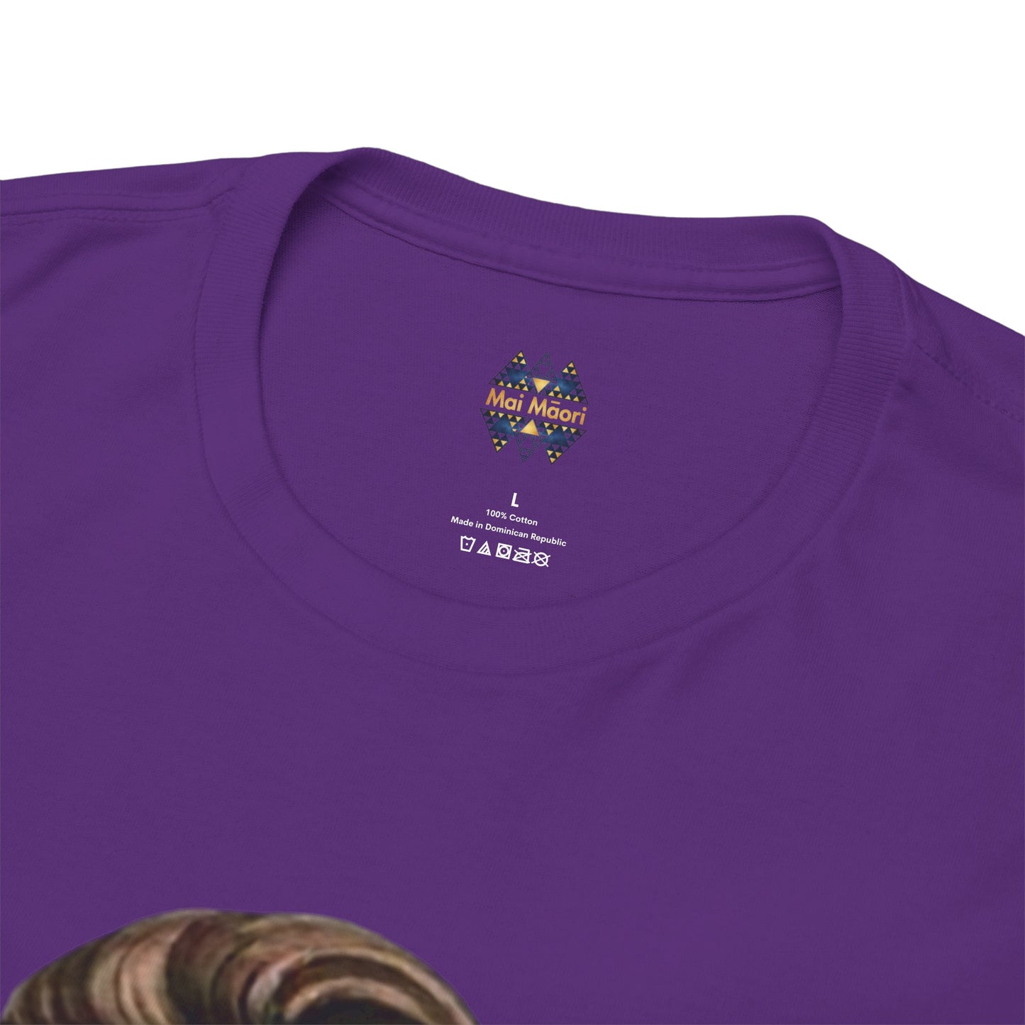 Purple graphic T-shirt neckline close-up with small chest logo and crew collar.