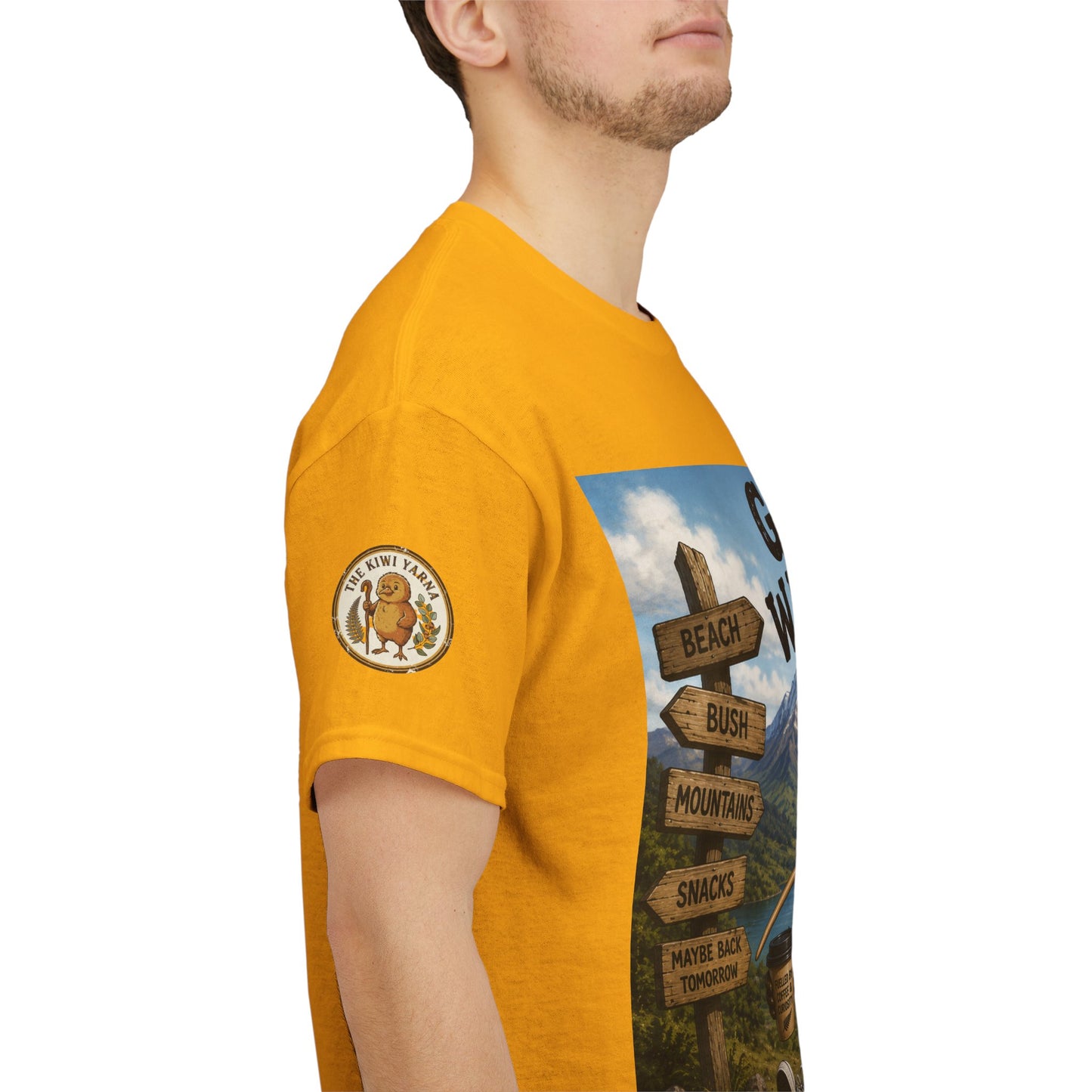 Mustard yellow T-shirt with left chest patch and vertical sleeve graphic panel