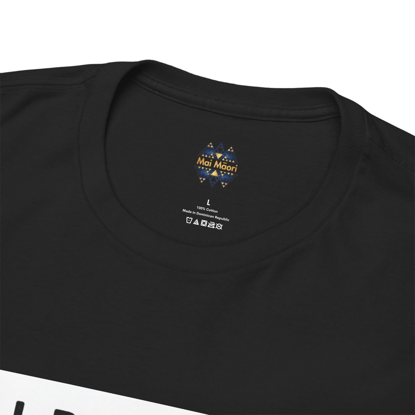 Black T-shirt neckline with small multicolor brand logo on the back collar area