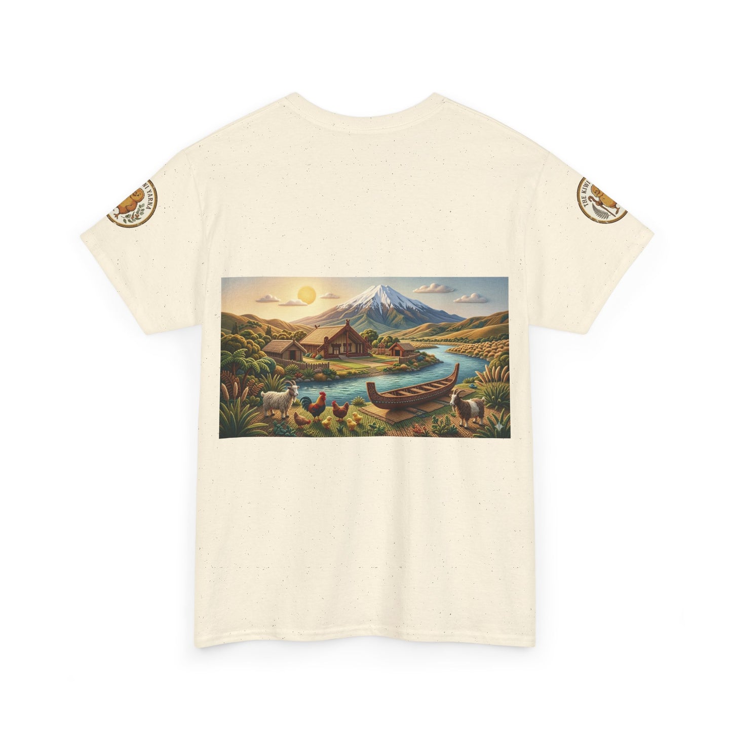 Unisex cream T-shirt with rectangular landscape graphic on the chest.