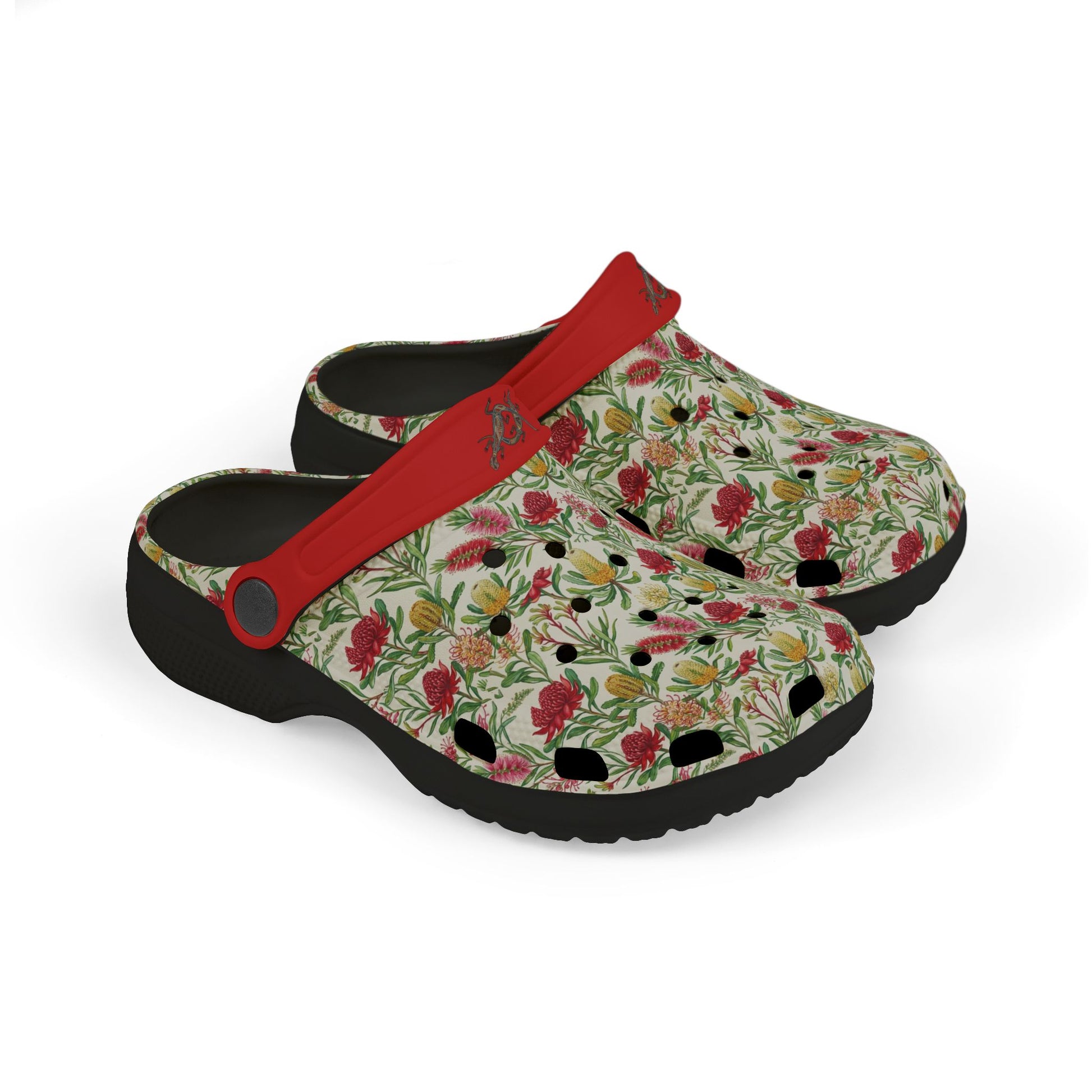 Floral slip-on clog with red strap; black outsole and dark interior lining.