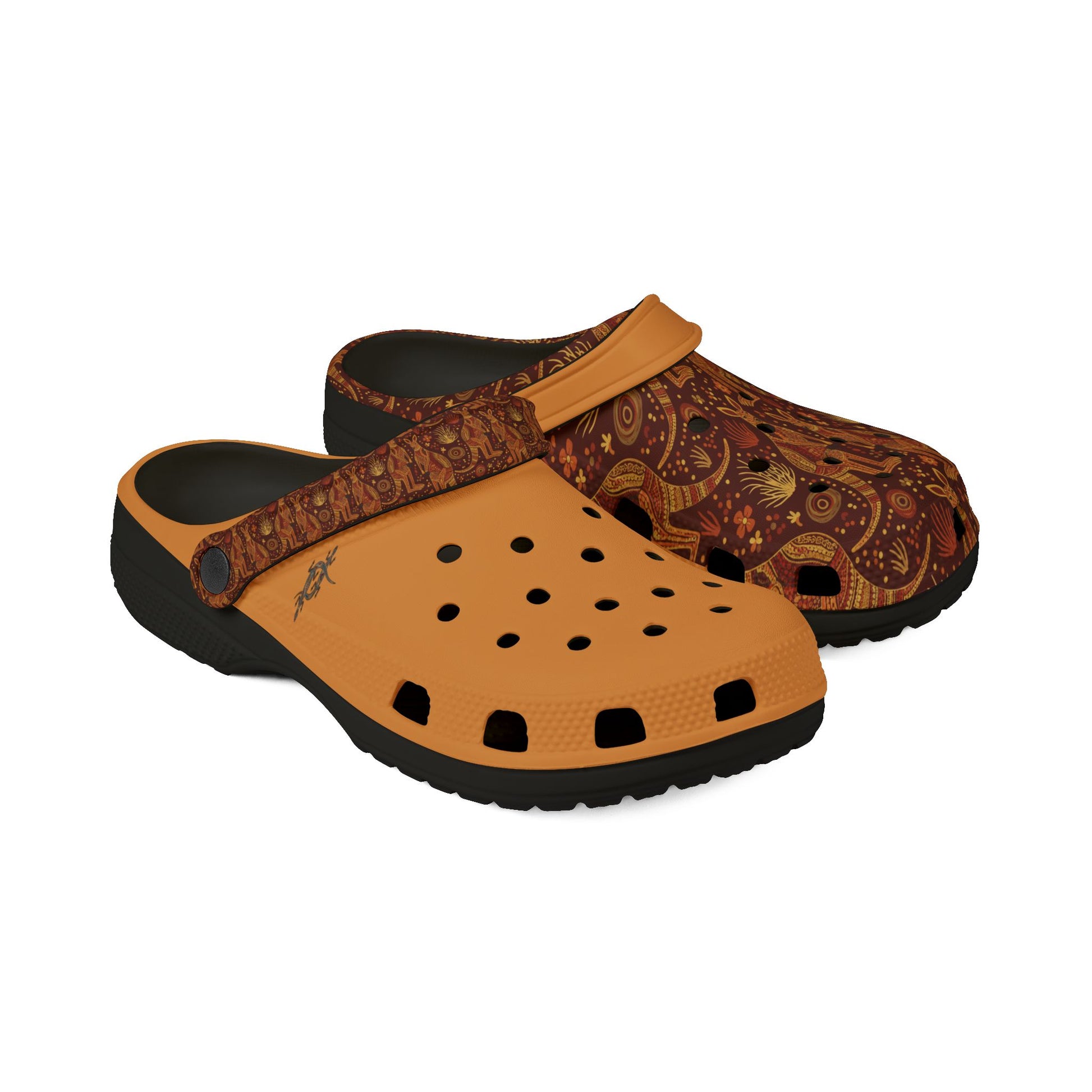 Slip-on clog with patterned brown upper, orange footbed, black outsole, side view