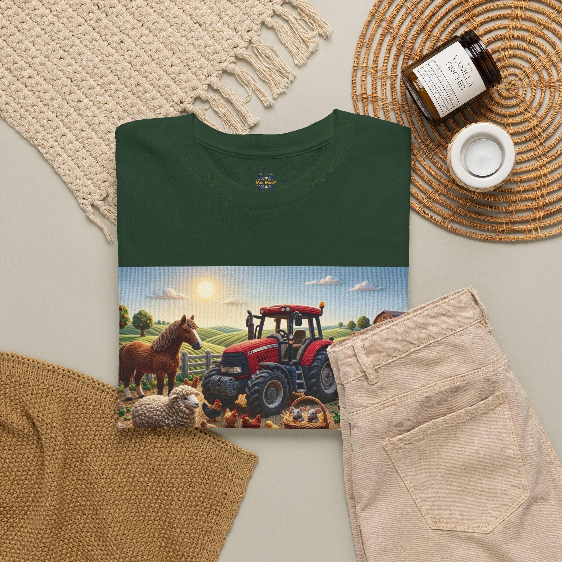 Forest green crewneck T-shirt with farm tractor and animals photo-print graphic