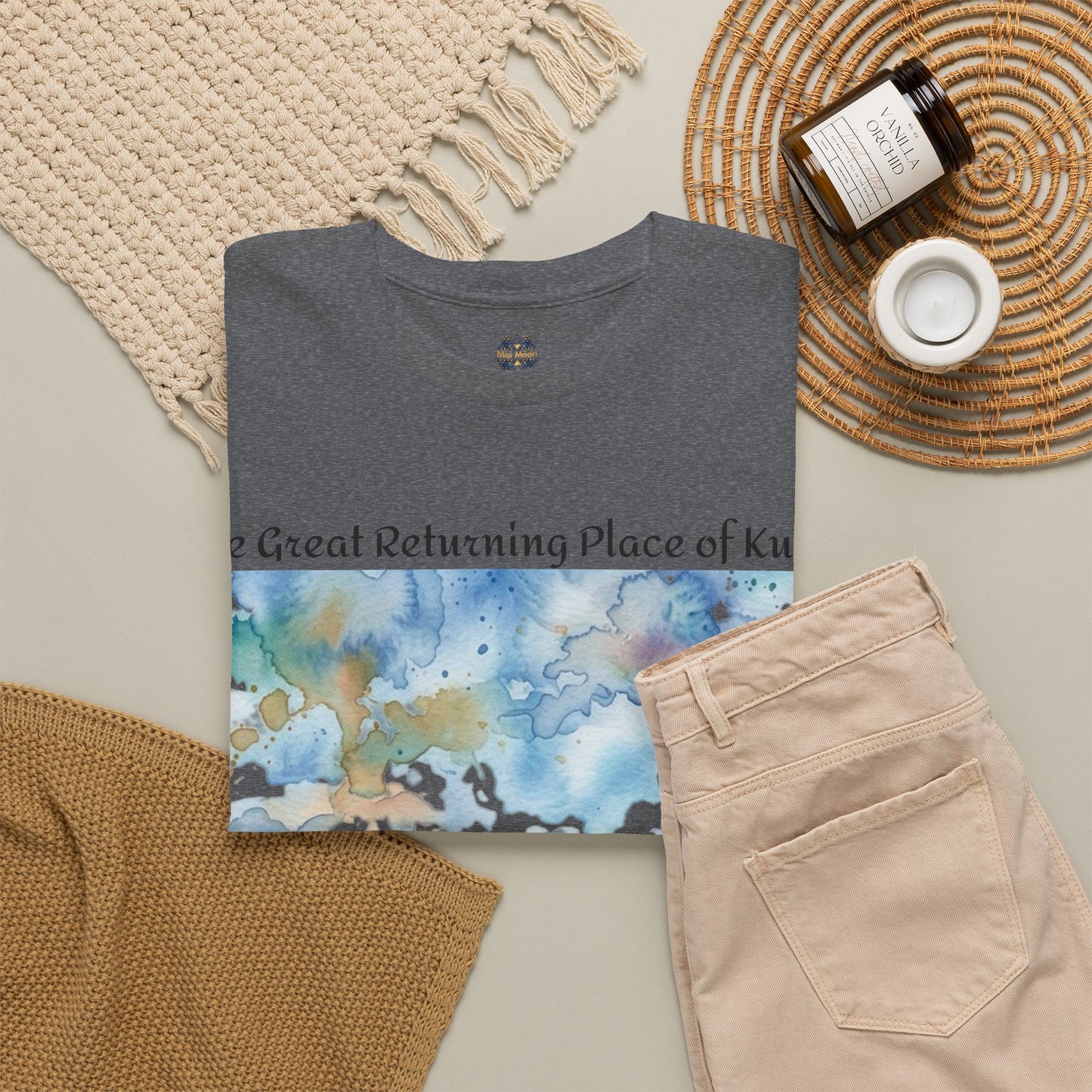 Dark heather crewneck T-shirt with watercolor landscape front print