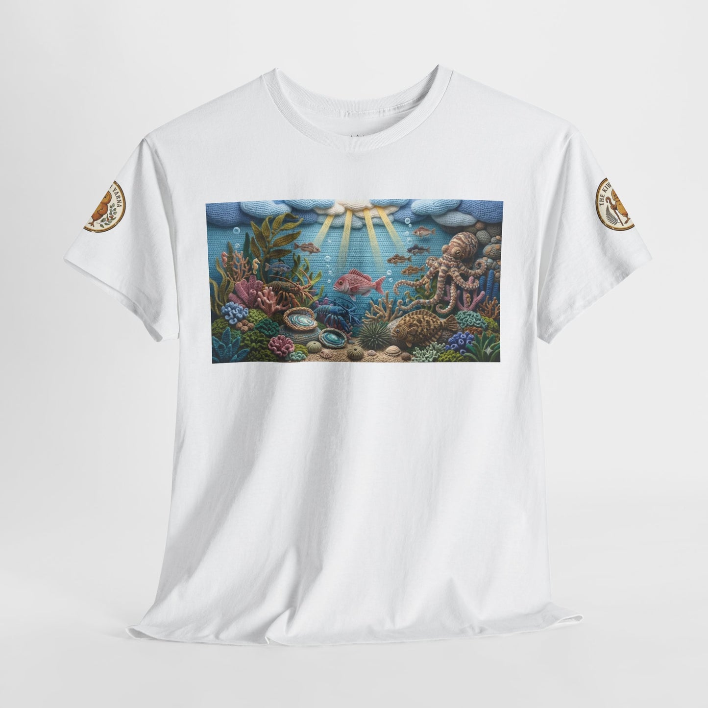 White crewneck T-shirt with rectangular ocean graphic and circular sleeve logo patches