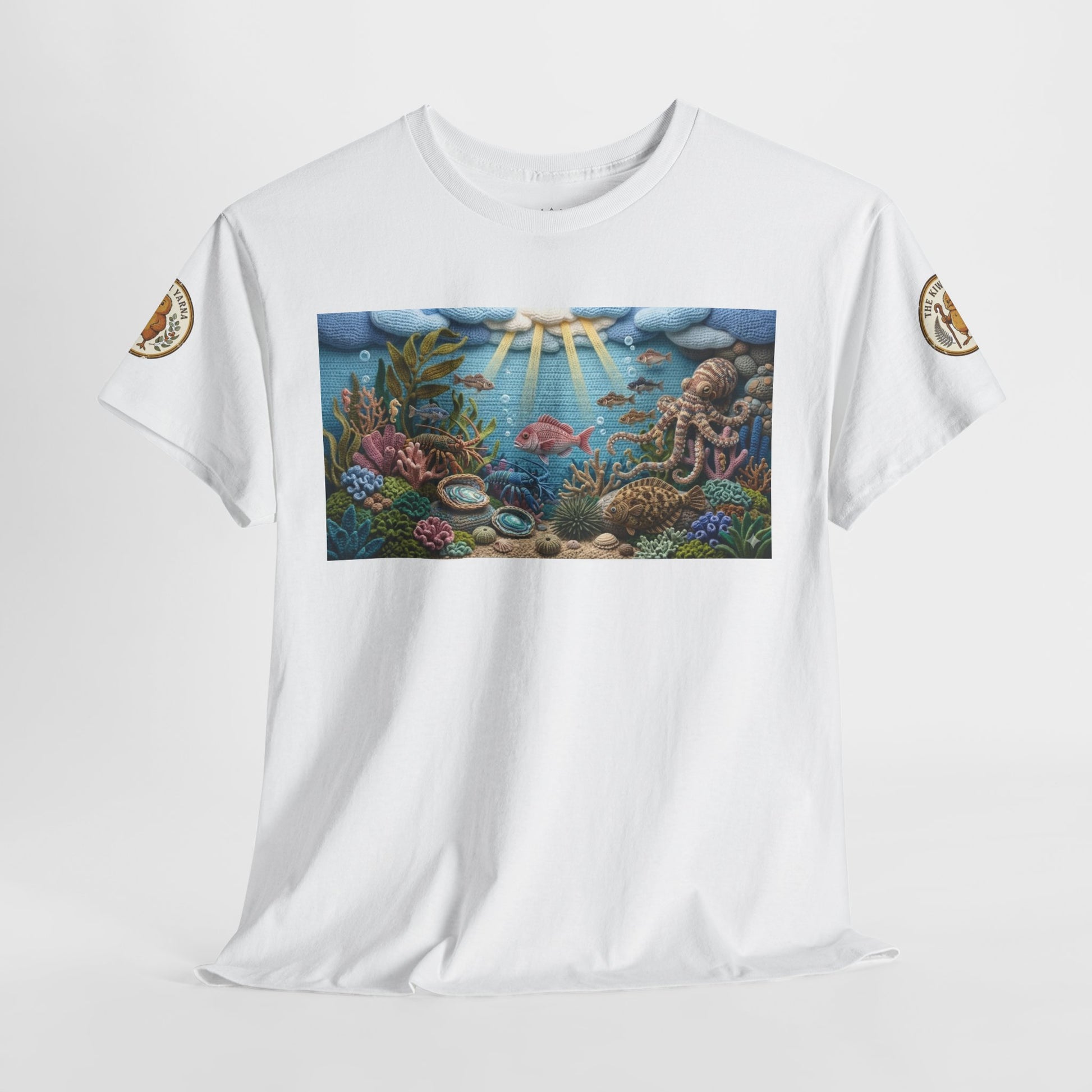 White crewneck T-shirt with rectangular ocean graphic and circular sleeve logo patches