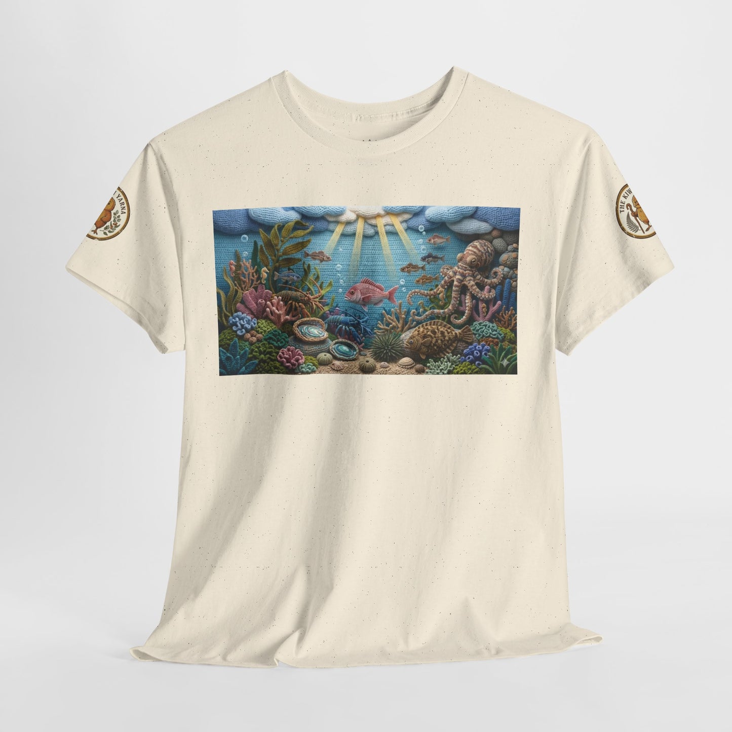 Cream short-sleeve crew-neck T-shirt with large undersea rectangular chest graphic