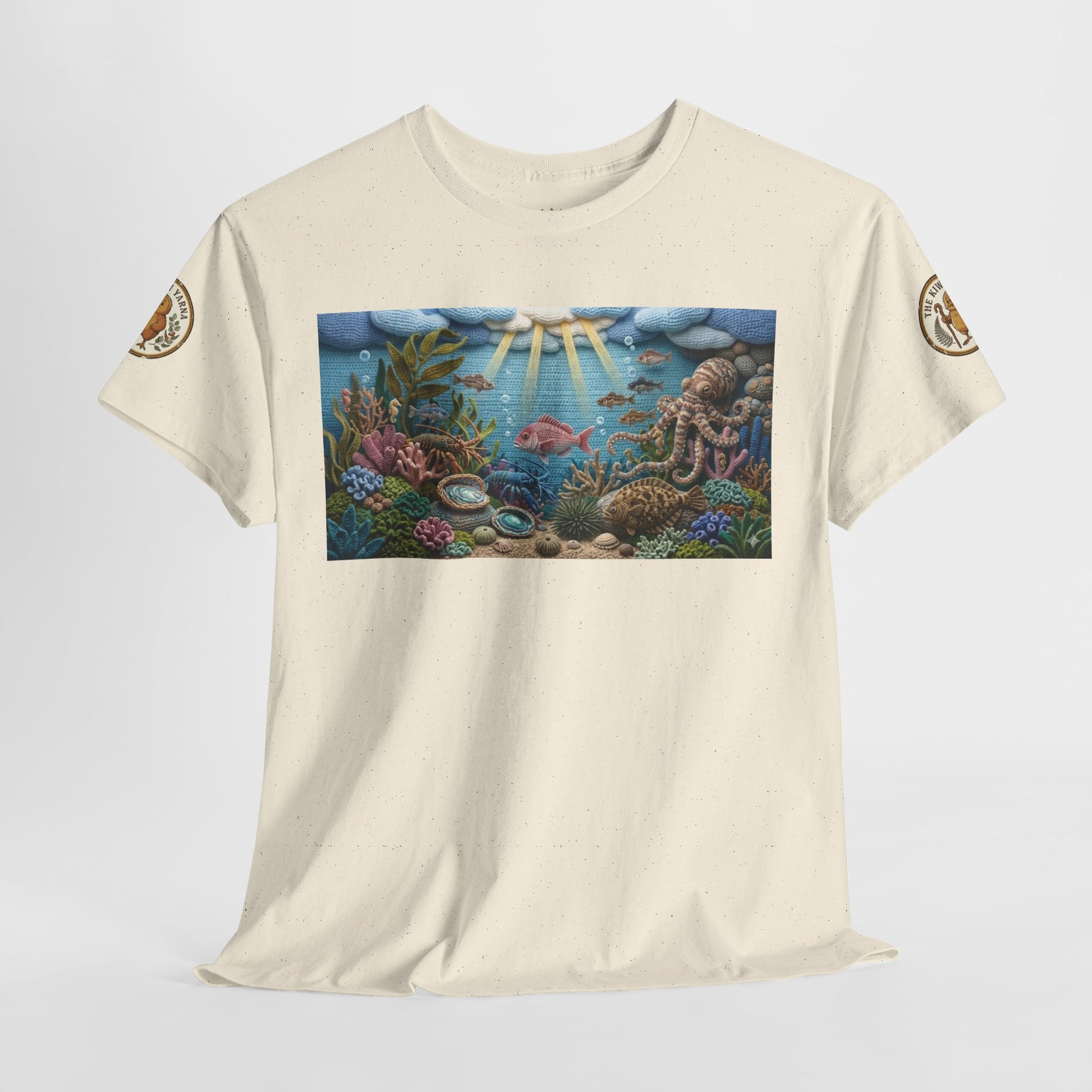 Cream short-sleeve crew-neck T-shirt with large undersea rectangular chest graphic