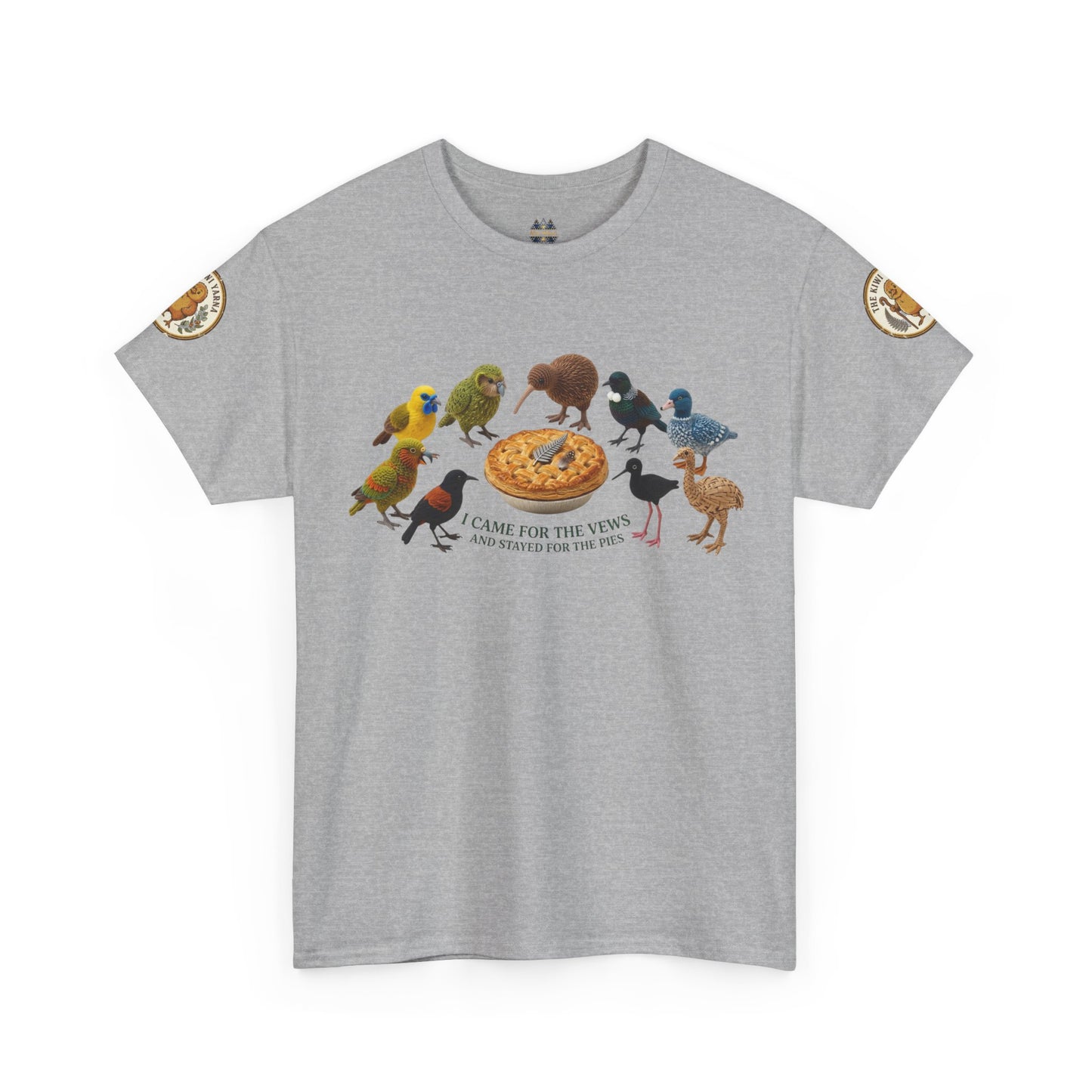 Heather gray graphic T-shirt with birds-and-pizza print and round sleeve patches