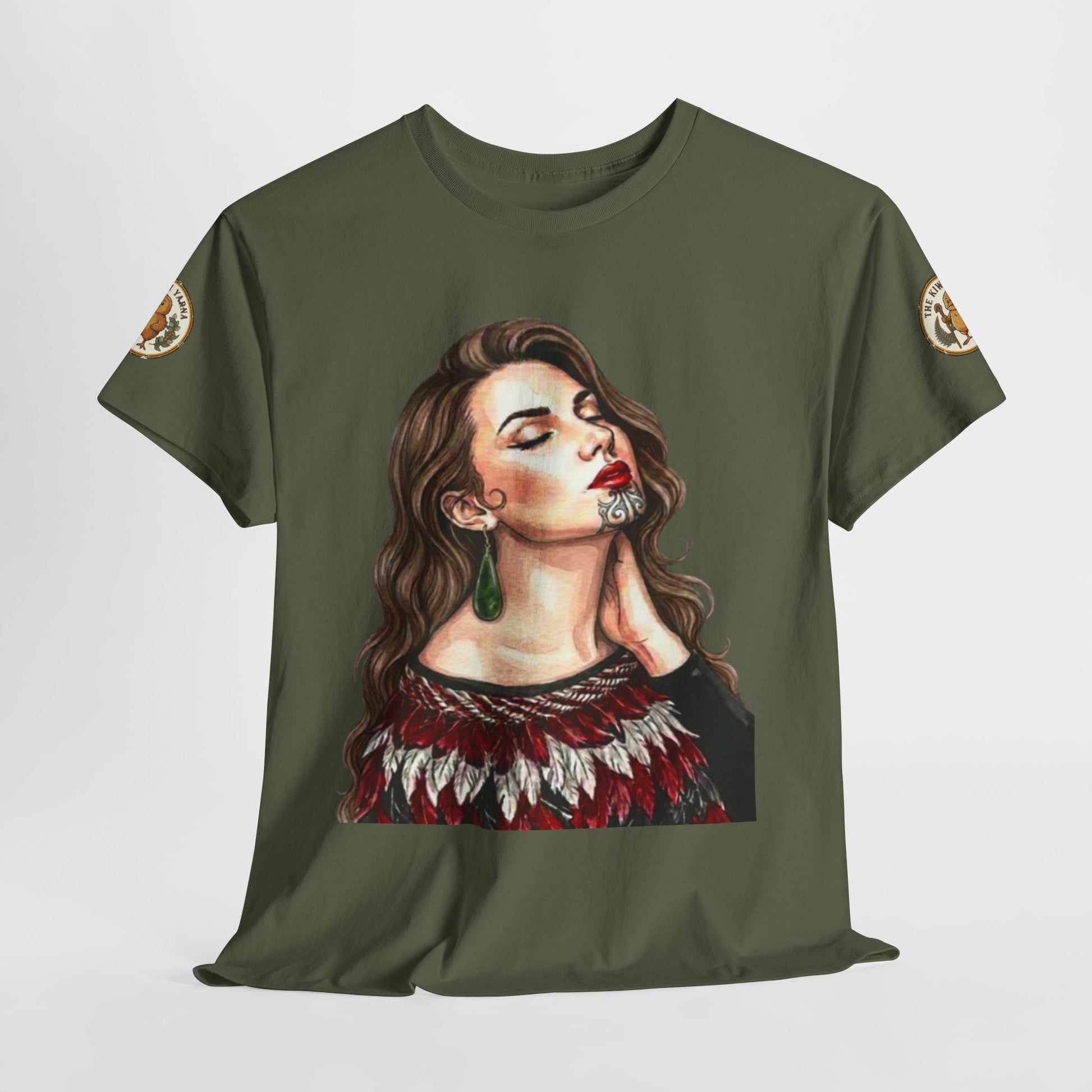 Olive green graphic T-shirt, crew neck, short sleeves, large portrait print