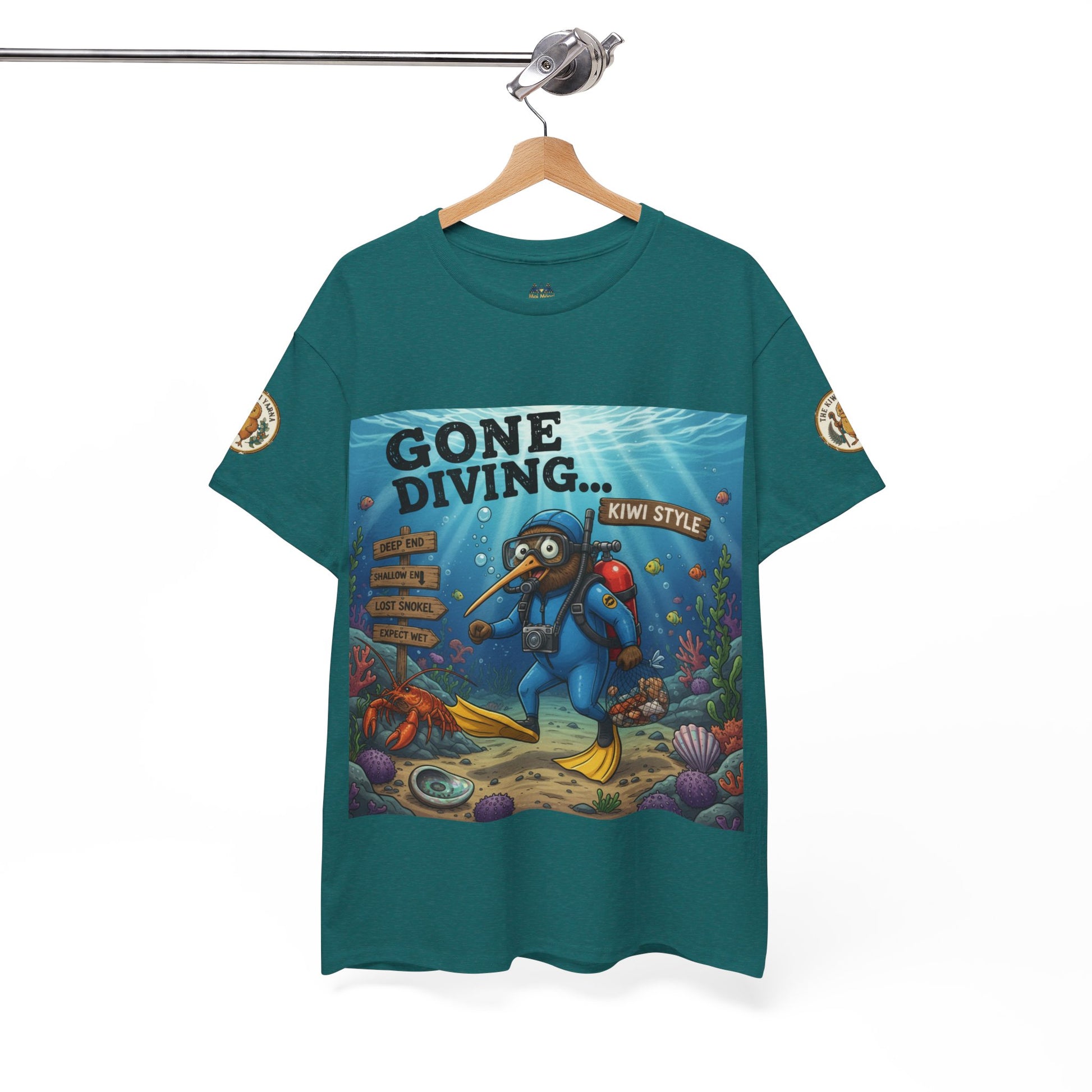 Teal crew-neck T-shirt on hanger with “GONE DIVING…” front graphic