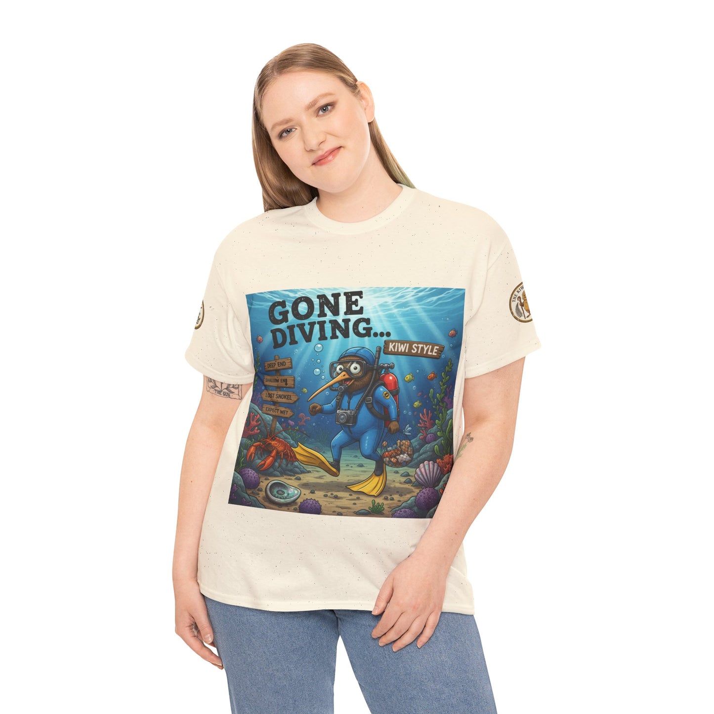 Off-white graphic t-shirt with 'GONE DIVING...' underwater diver on front