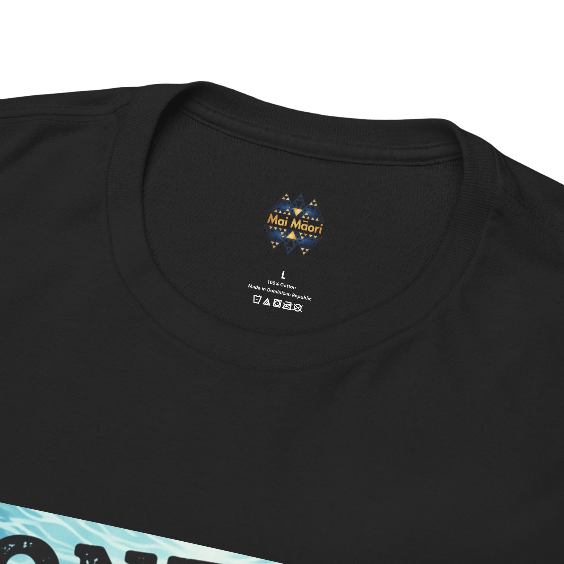 Black crewneck t-shirt neckline with small Mai Maori logo